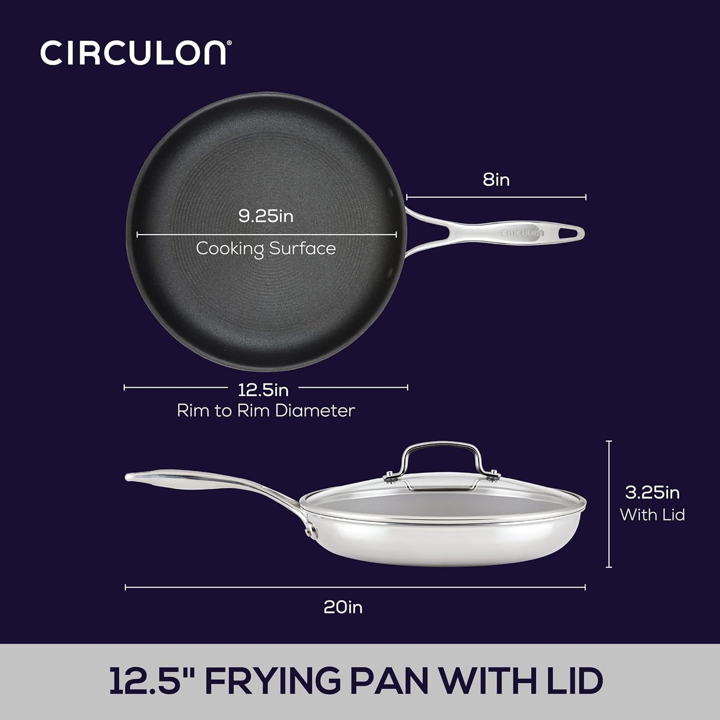 Circulon C1 Series Clad Stainless Steel with ScratchDefense Technology Cookware Nonstick Induction Frying Pan/Skillet with Lid, Metal Utensil Safe, 12.5 Inch Fry Pan - Polished Stainless Steel