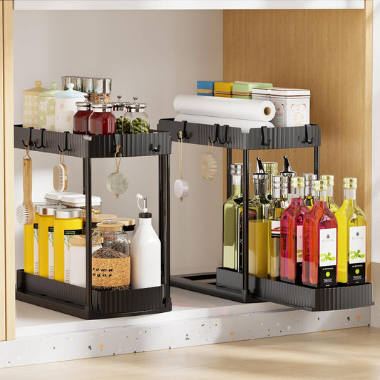 2 Pack Under Sink Organizer, Multi-Purpose Pull Out Cabinet Organizer and Storage for Bathroom & Kitchen, 2 Tier Sliding Cabinet Organizer Drawer