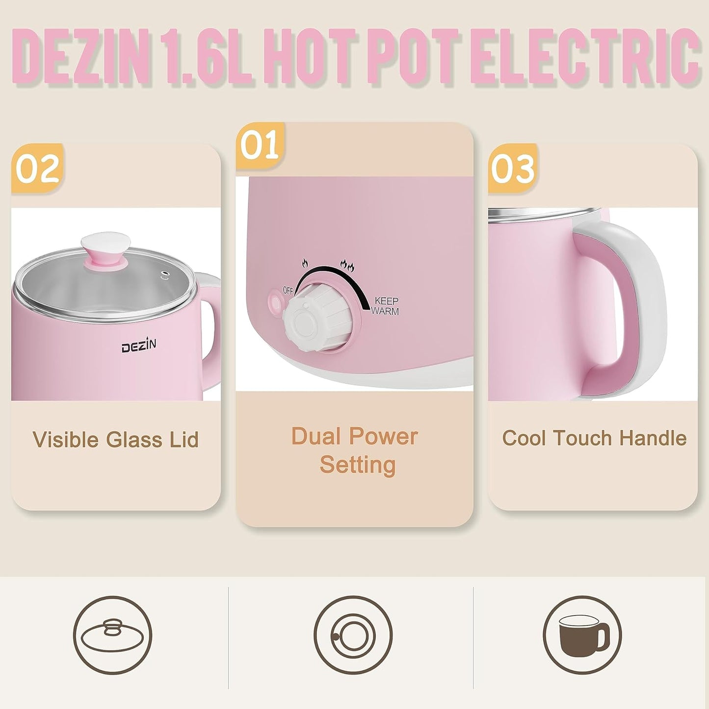 Dezin Hot Pot Electric, Rapid Noodles Cooker, Stainless Steel Electric Pot 1.6 Liter, Perfect for Ramen, Egg, Pasta, Dumpling, Soup, Porridge, Oatmeal with Temperature Control and Keep Warm Function
