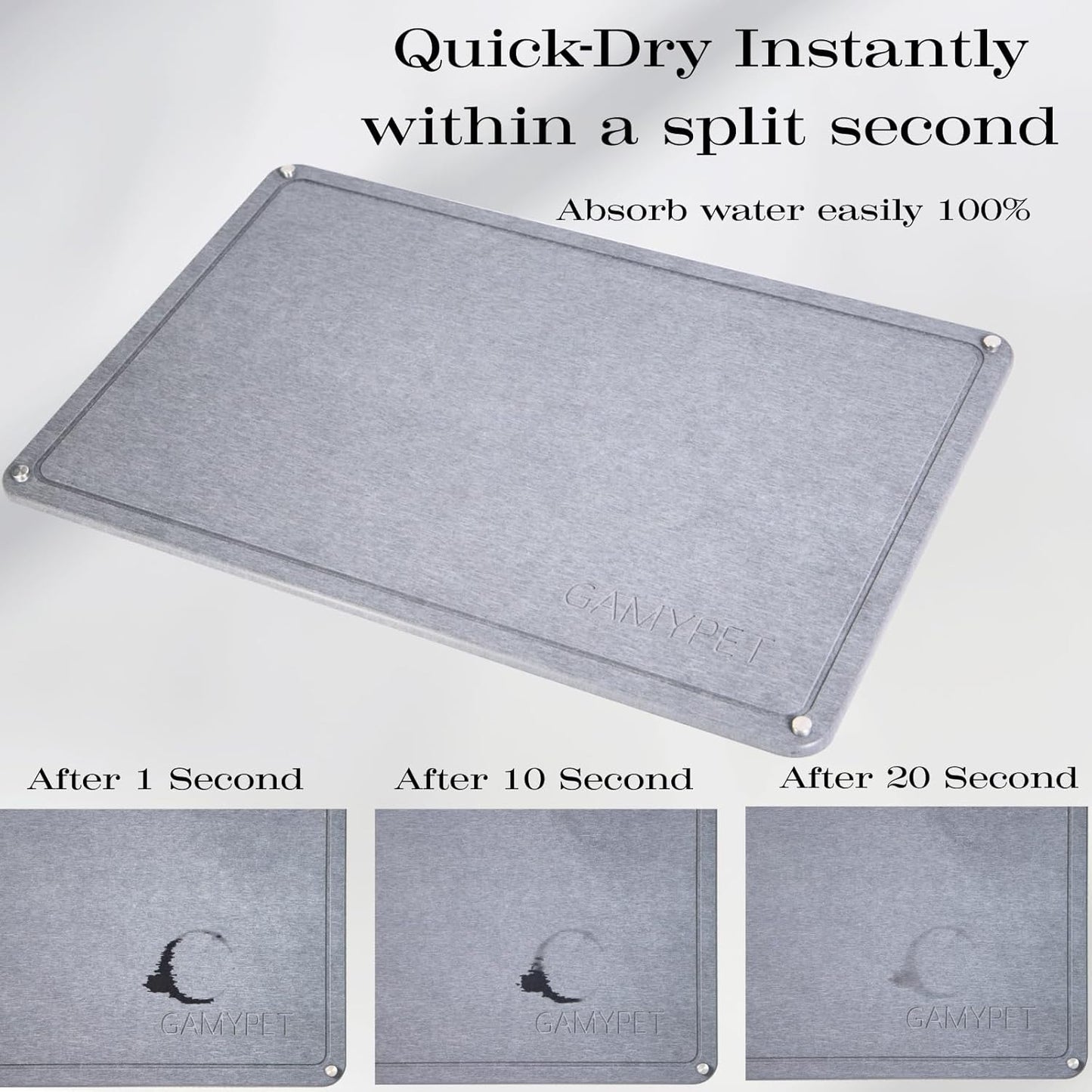 Stone Dish Drying Mat 24"×16" Large Diatomaceous Earth Dishes Quick Dry Pad for Kitchen Counter with Heighten Stainless Steel Feet, Fits Various Countertops & Drain Bowl Racks, Dark Gray