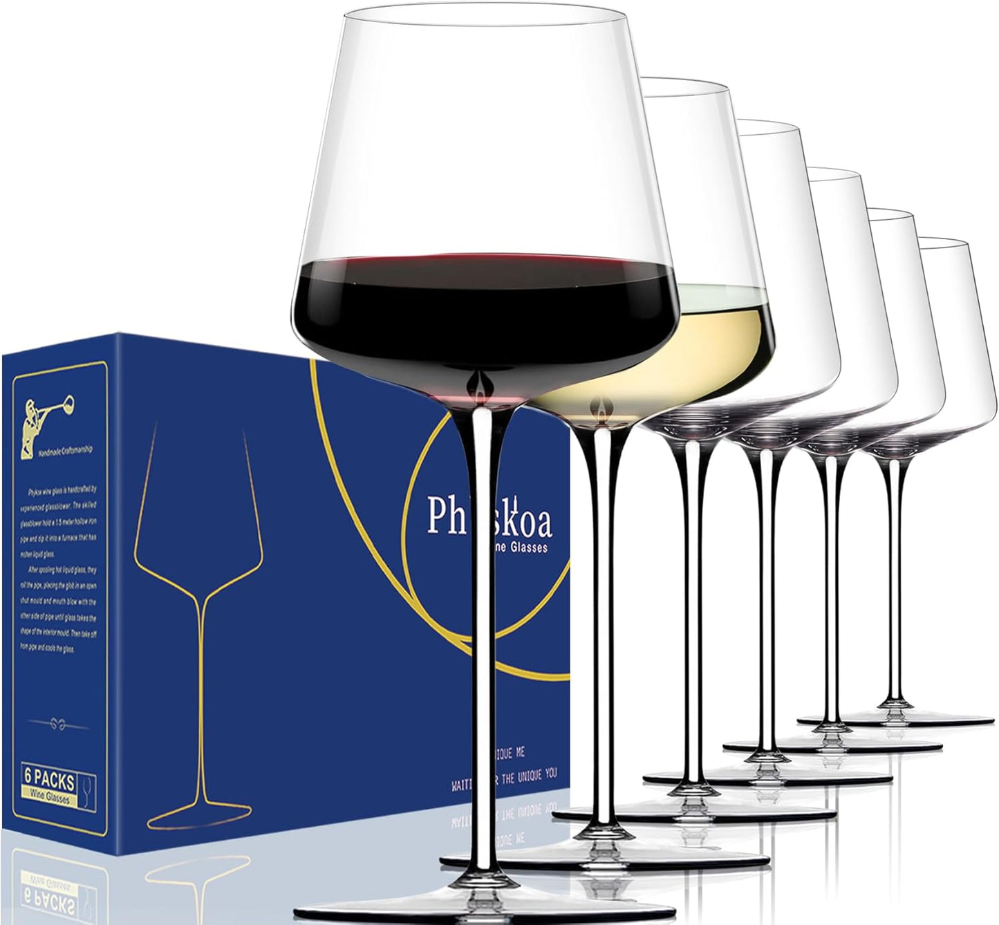 White Red Wine Glasses Set of 6 – 18oz Clear【Hand Blown】 Crystal Wine Glass – Tall Long Stem Modern Wine Glasses – Square Wine Glass with flat bottom – Unique gifts for Wedding,Brithday,anniversary