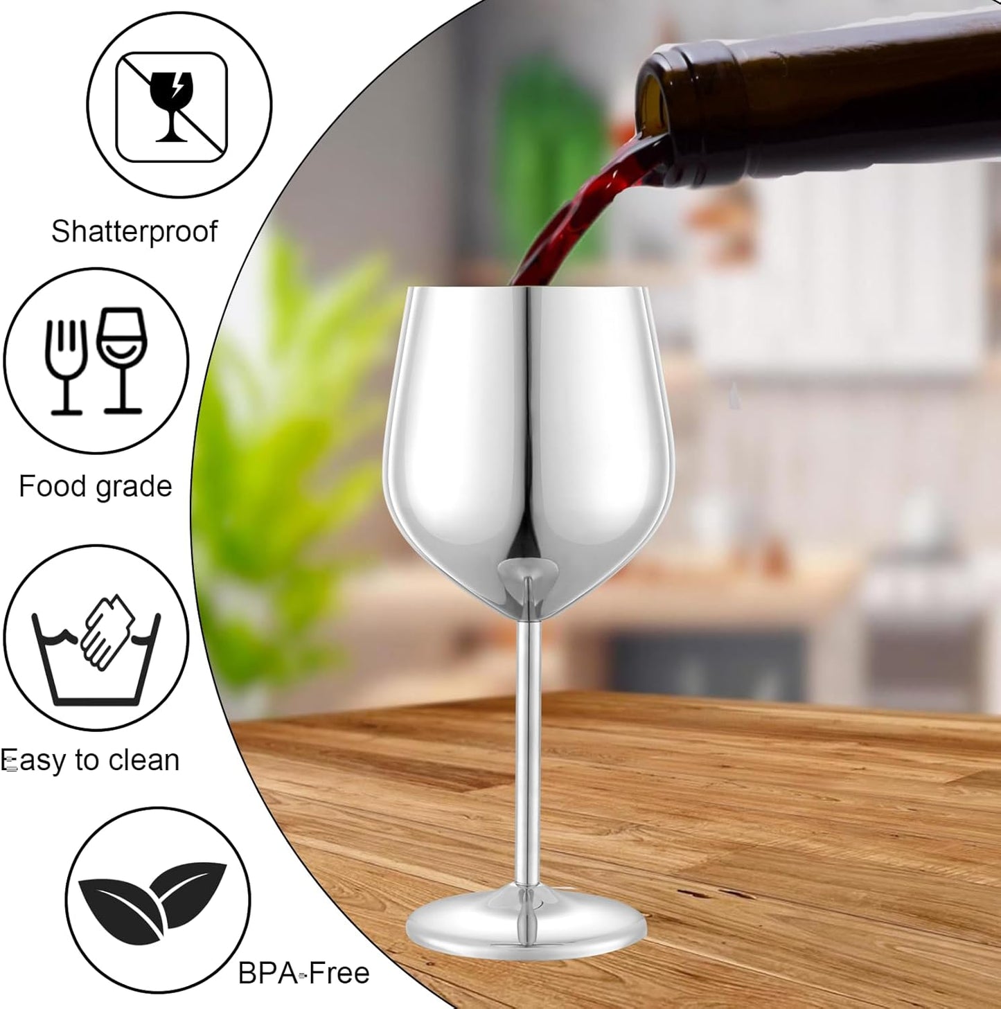 Stainless Steel Wine Glasses Set of 2, 18 oz Unbreakable Silver Wine Glass Unique Metal Wine Goblets for Outdoor Capming and Pool Gift for Wine Lovers