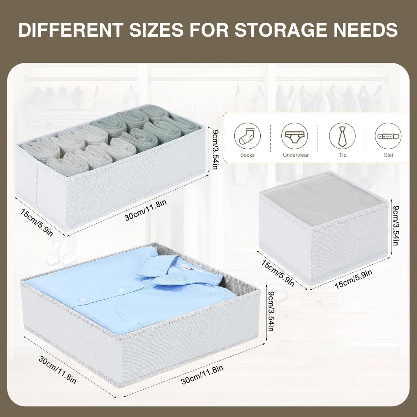 DIMJ Drawer Organizer Clothes, 18 Pack Dresser Organizer, Foldable Closet Organizers and Storage, Fabric Bins, Drawer Dividers for Nursery, Baby Clothes, Underwears, Sock (White)