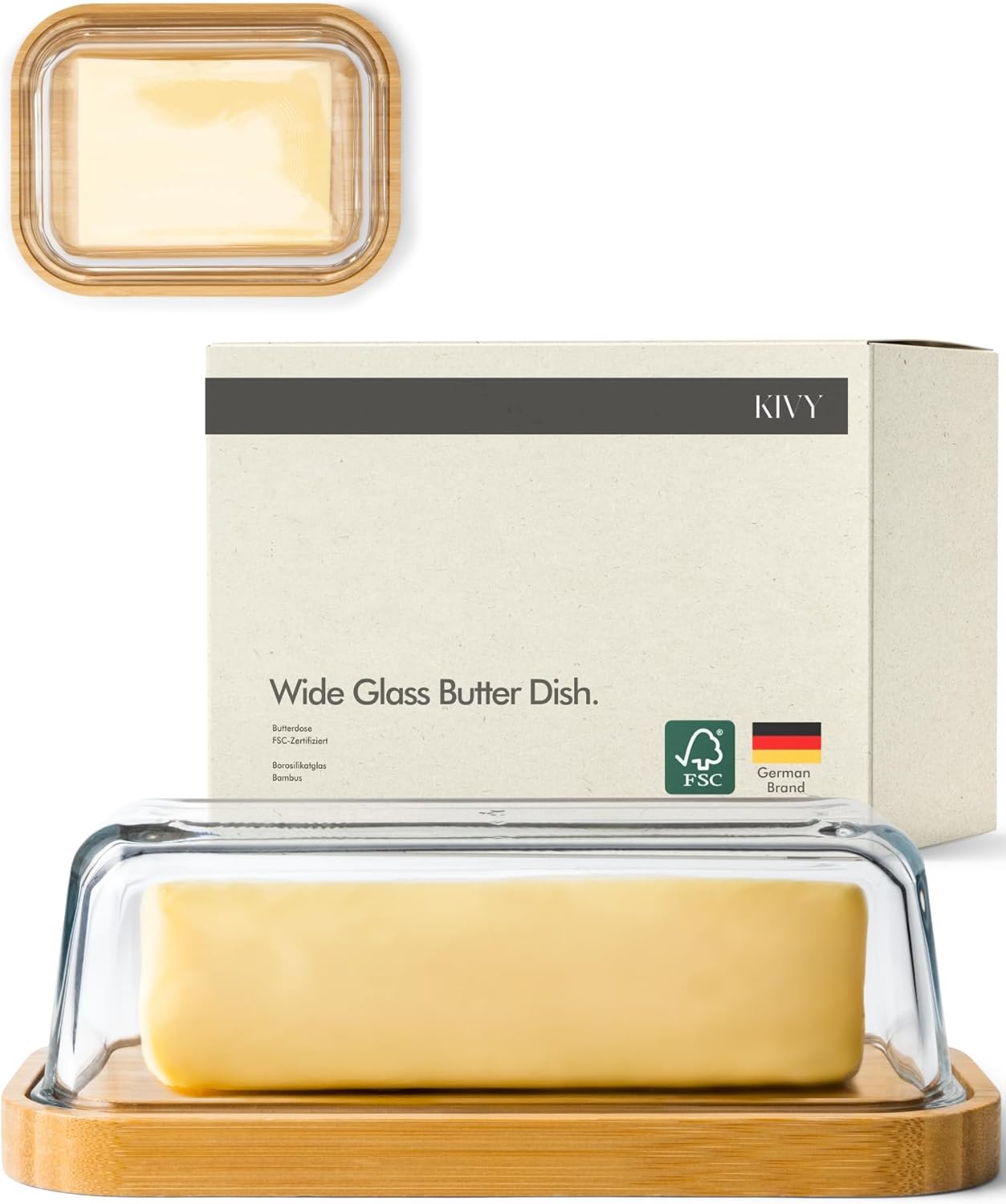 KIVY Large Butter Dish with Lid - Fits 2 Butter Sticks and Wider Sizes (Kerrygold, European Styles, Eastern, Western) - 2 Stick Butter Dish - Glass & Bamboo