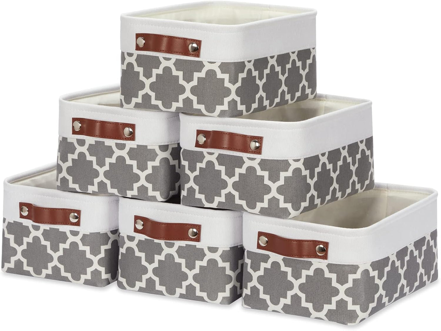 HNZIGE Small Baskets Fabric Storage Baskets(6 Pack) Storage Bins with Leather Handles Empty Gift Basket Decorative Storage Baskets for Shelves, Baby Clothes Toys(Pattern&White,11.8" x 7.8" x 5.1")