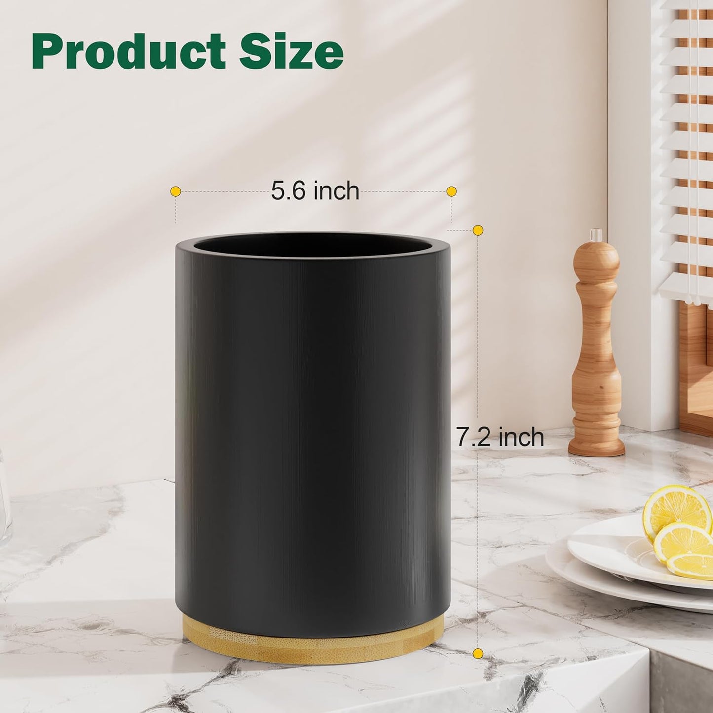 Black Utensil Holder Wood Kitchen Utensil Holder for Countertop, 360°Rotating Cooking Utensil Crock for Counter, 7.2" Large Utensil Organizer for Spatula Kitchen Decor