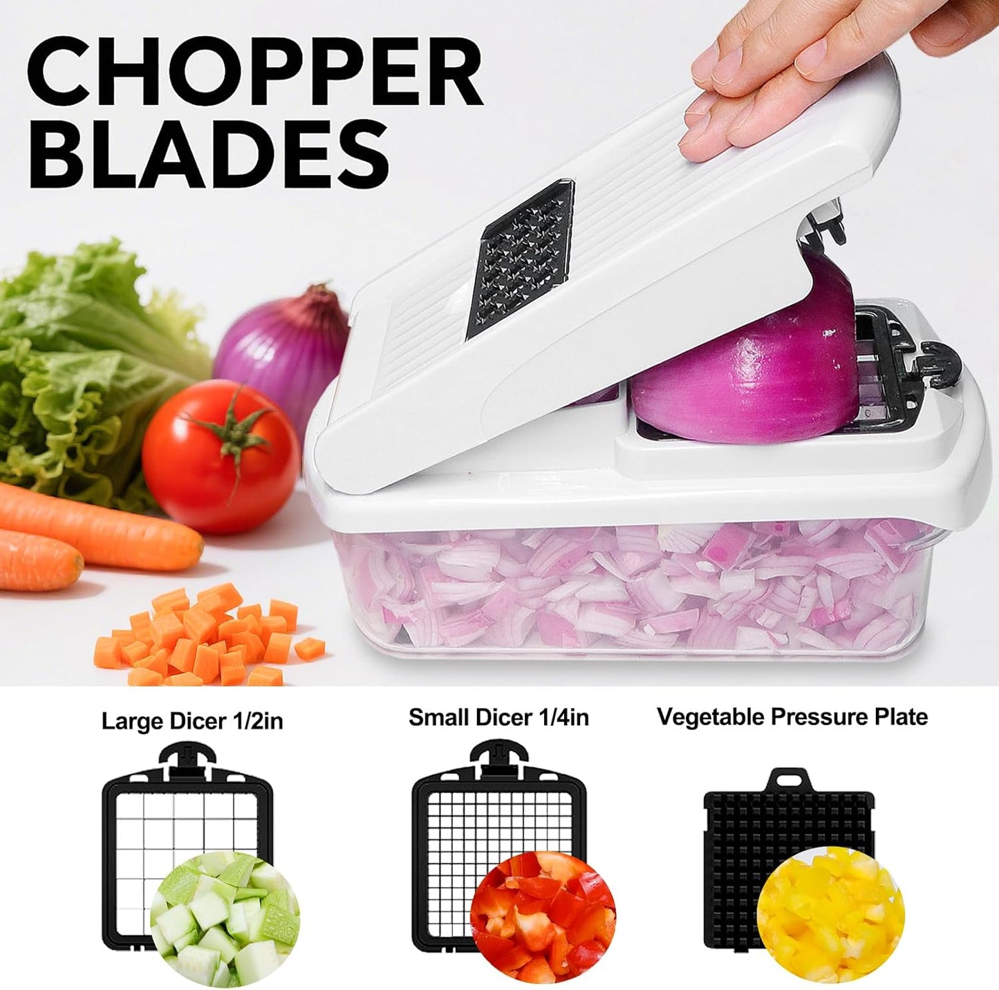 JAYVAR Vegetable Chopper for Mandoline Slicer, 15-In-1 Veggie Choppers, Cheese Grater, Onion Cutter with Container, Kitchen Gadgets Essentials, Vegetable Dicer, Onion Mincer Tomato Slicer (White)