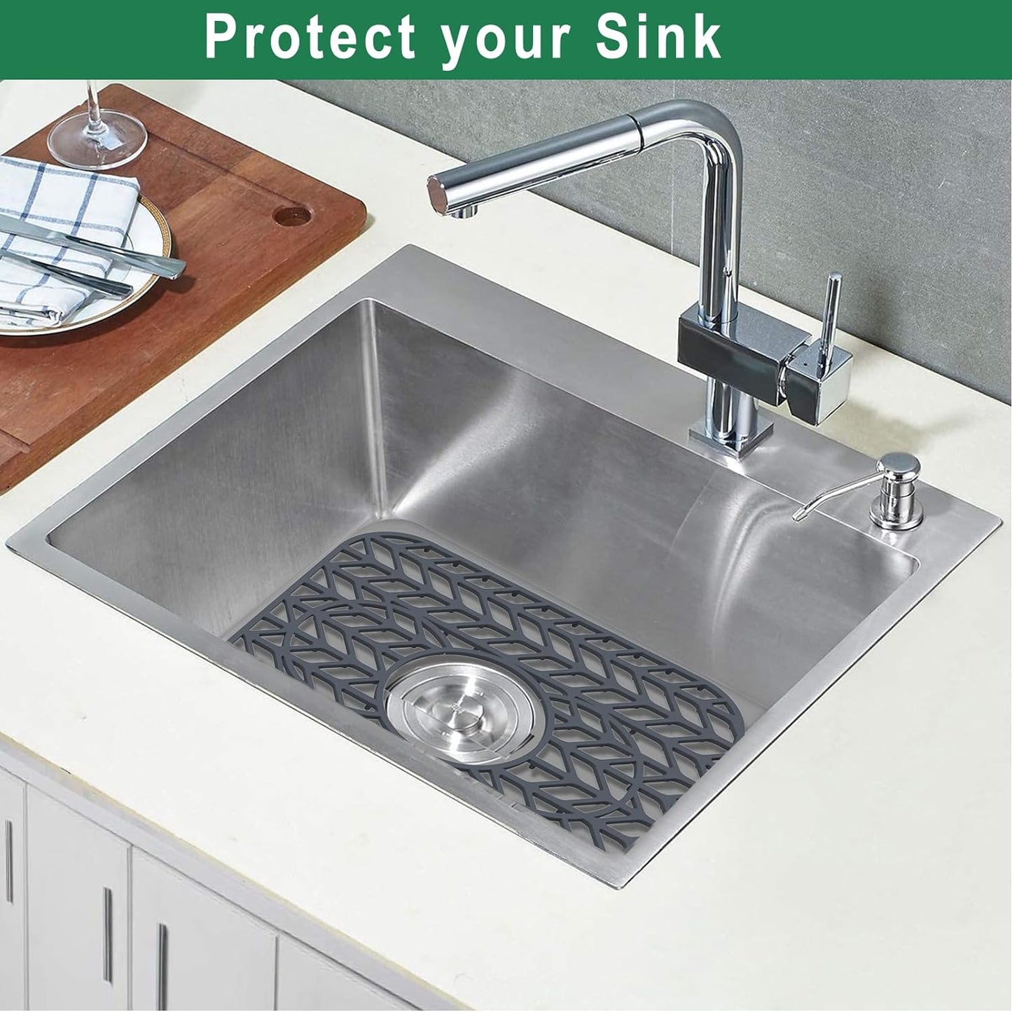 GUUKIN Sink Protectors for Kitchen sink, 13 5/8" x 11 5/8" Folding Non-slip Silicone Sink Mat Grid for Bottom of Farmhouse Stainless Steel Porcelain with 3 Reserved Holes Pack of 2