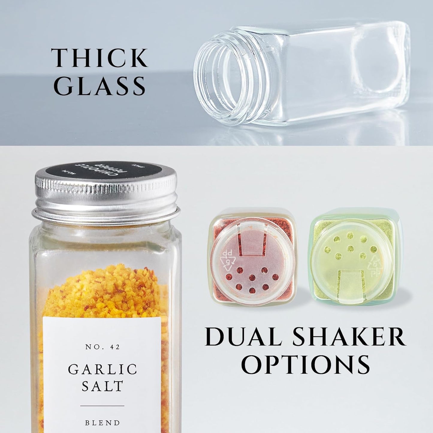 FINESSY Glass Spice Jars with Labels with Metal Lids and Shakers 24 Pack Set, 4oz Small Empty Air Tight Spice Containers with Labels, Clear Seasoning Containers Herb Bottles Kitchen Storage Organizer