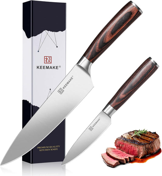 KEEMAKE Professional Chef Knife Set 2 Pieces - Kitchen Knives High Carbon Stainless Steel Ultra Sharp Blade & Ergonomic Pakkawood Handle, Perfect for Meat Cutting, Vegetable Chopping & Culinary Gifts