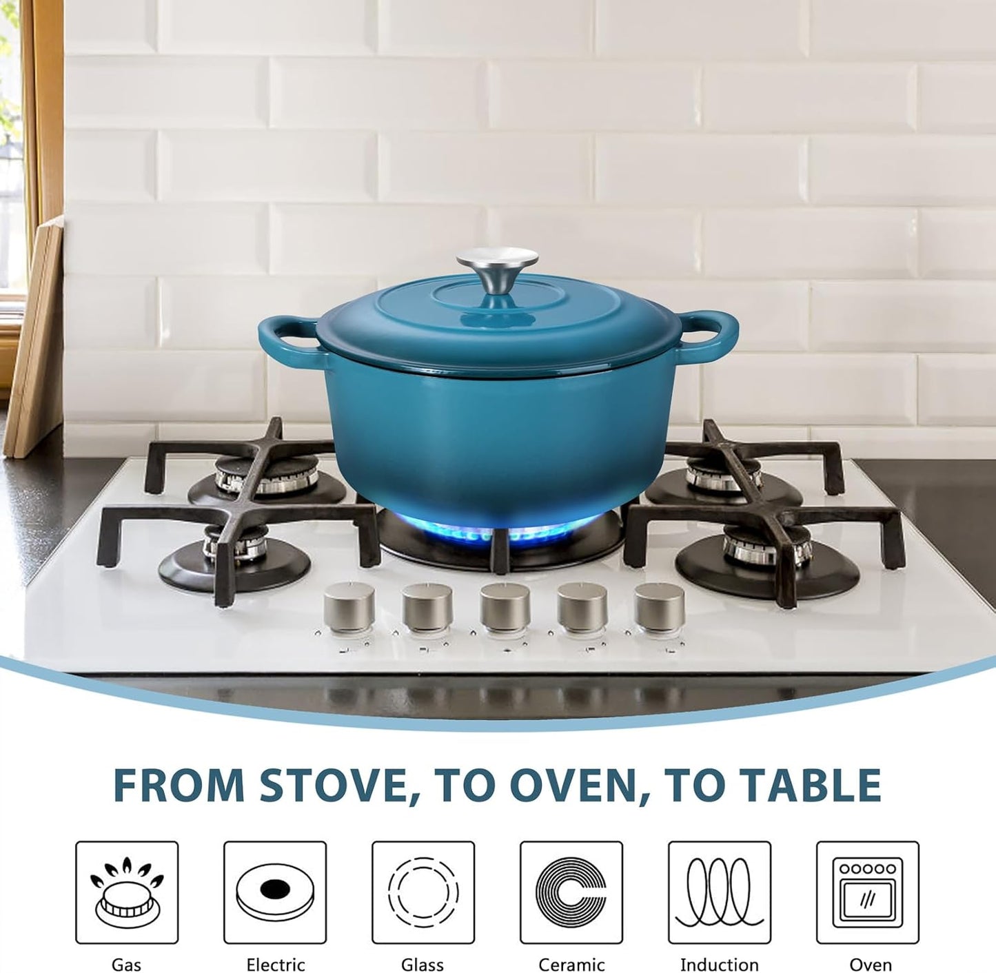 E-far 3 Qt Enameled Cast Iron Dutch Oven with Lid, Small Round Nonstick Dutch Oven Pot for Bread Baking Braising Stews Roasting Cooking, Heavy Duty, Induction & Oven Safe - Teal Mist