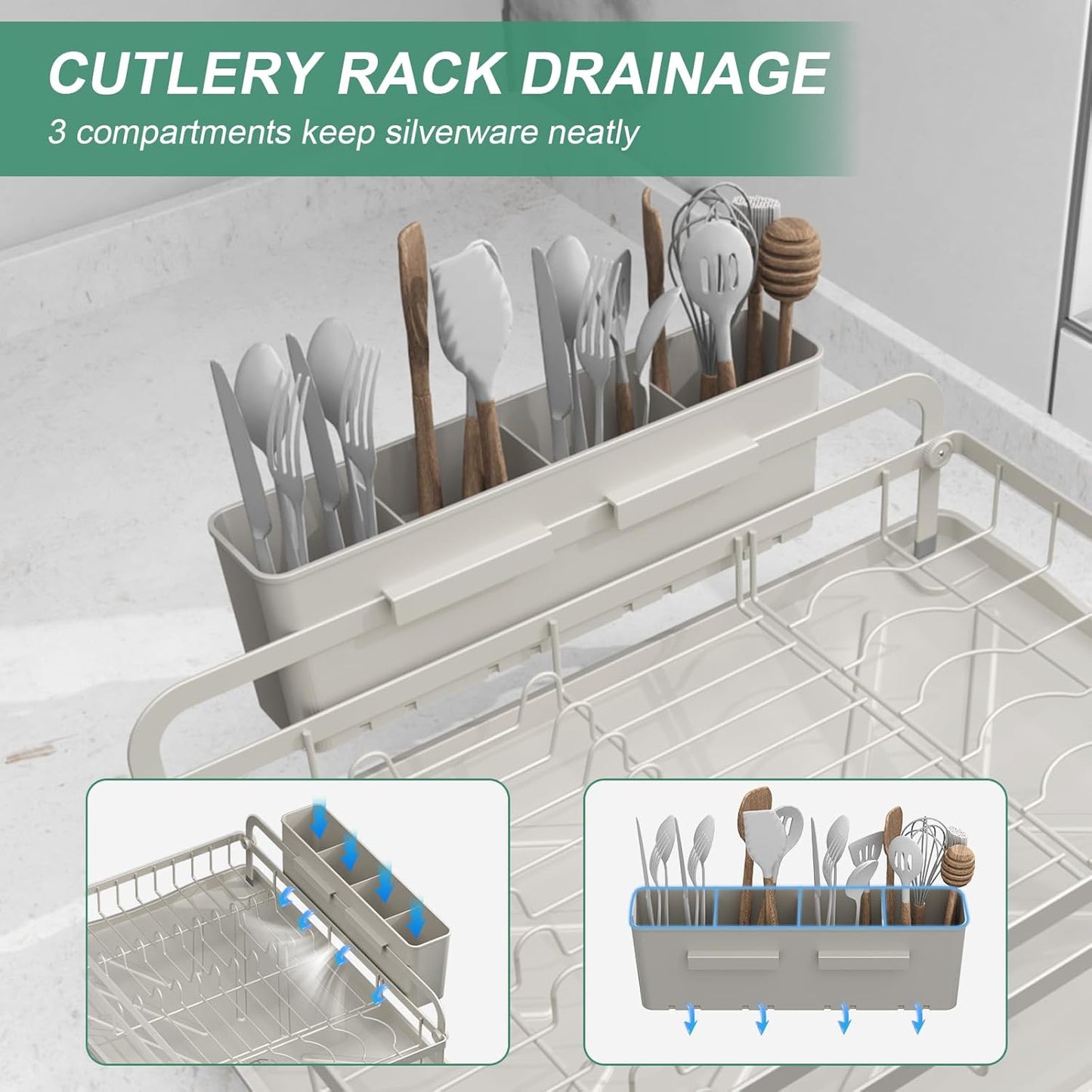 Dish Drying Rack,Dish Racks for Kitchen Counter,Metal Dish Drainer with Adjustable Drainage Spout,Removable Knife and Fork Holder (Grey)