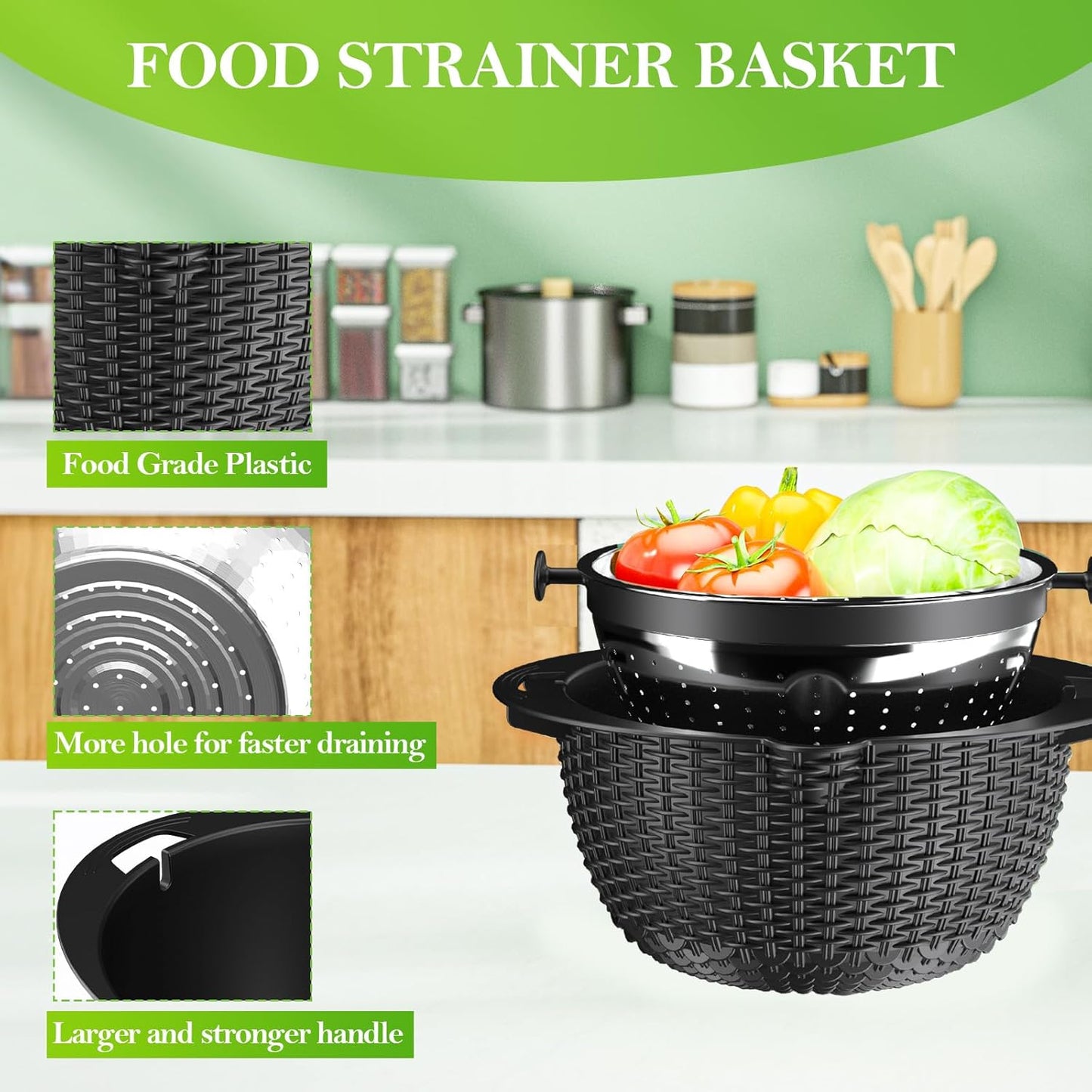 4-1 Colander with Bowl Set - Colander for Kitchen - Strainers and Colanders - Pasta Strainer - Funny Presents for Women - Rice Strainer Fruit Cleaner Veggie Wash Kitchen Gadgets Essentials, Black