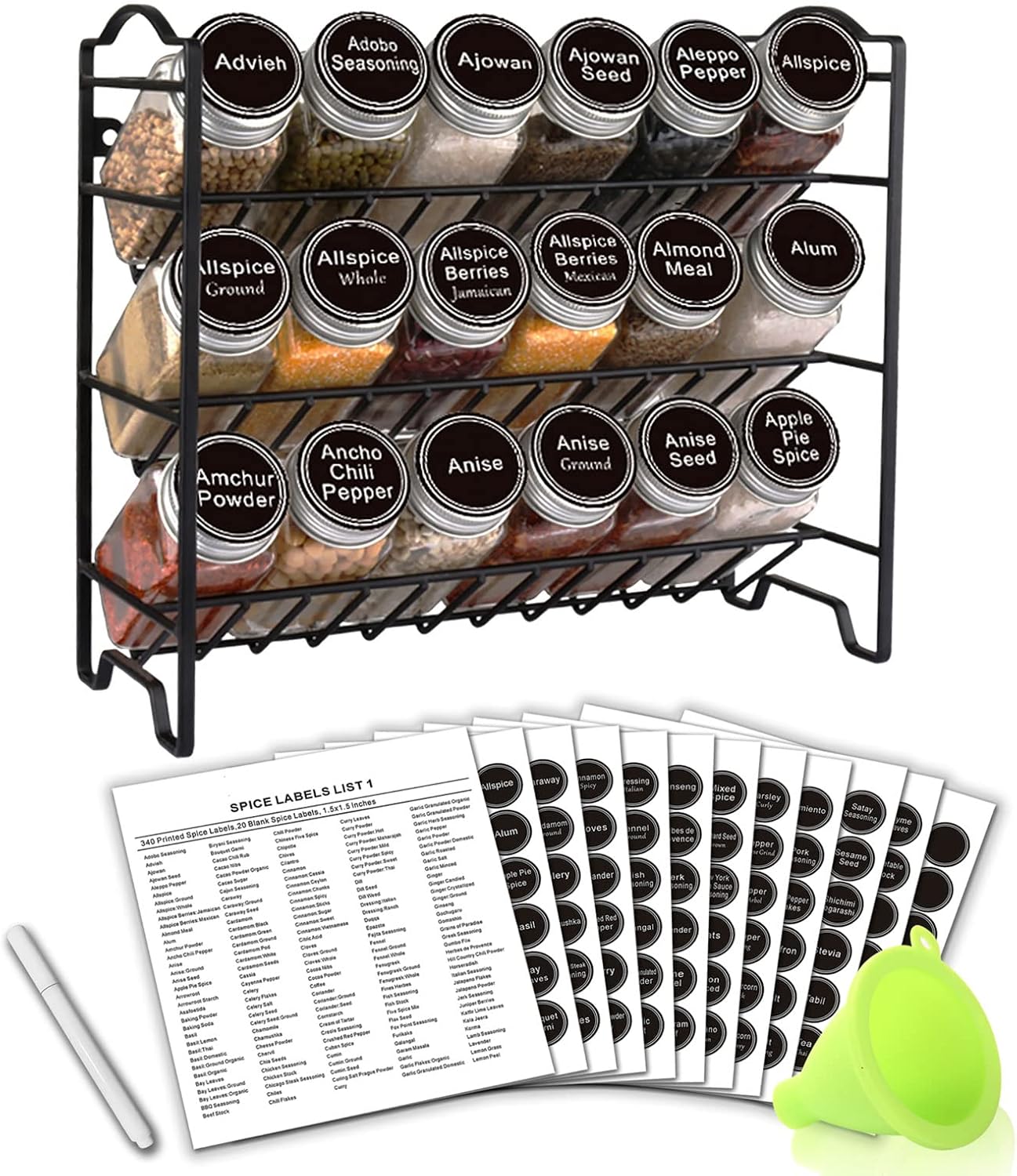 SWOMMOLY Spice Rack Organizer with 18 Empty Square Spice Jars, 396 Spice Labels with Chalk Marker and Funnel Complete Set, Spice Organizer for Countertop, Cabinet or Wall Mount, Black