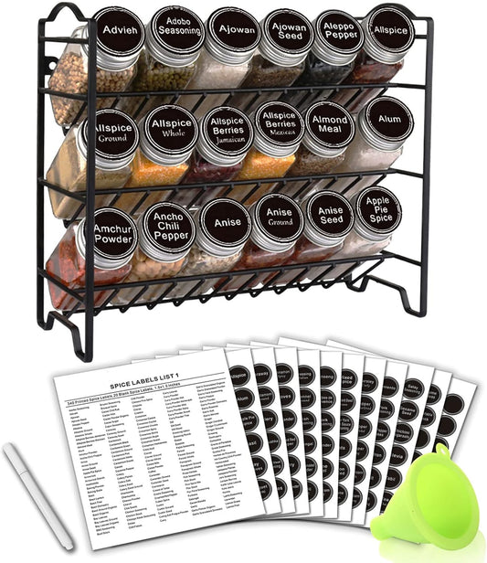 SWOMMOLY Spice Rack Organizer with 18 Empty Square Spice Jars, 396 Spice Labels with Chalk Marker and Funnel Complete Set, Spice Organizer for Countertop, Cabinet or Wall Mount, Black