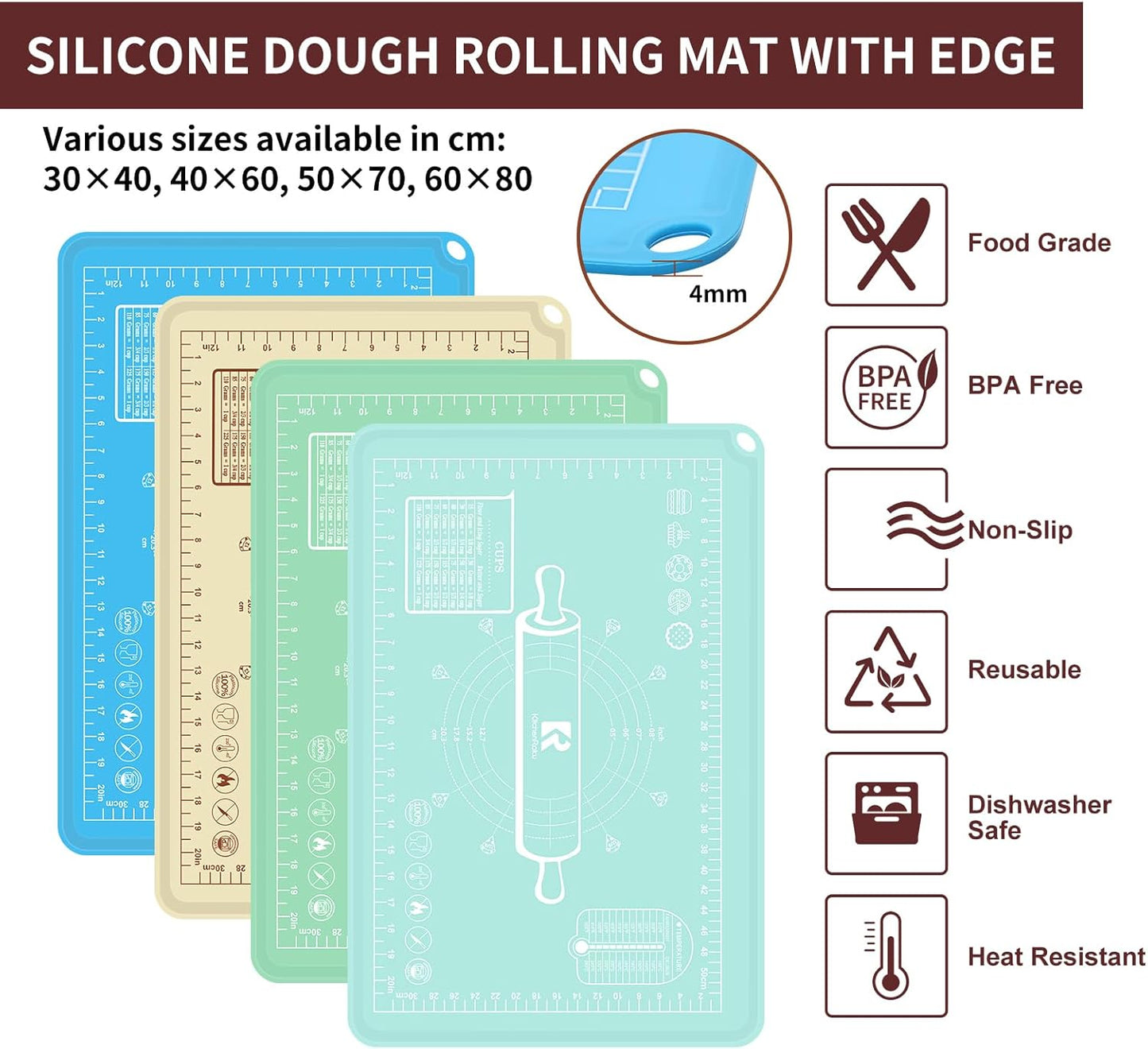 Silicone Baking Mat 20"L x 28"W, Extra Thick Dough Rolling Pad with Measurements and Edge Heightening, Non-stick Food Grade Silicone Pastry Mat for Pastry, Bread, Cookies