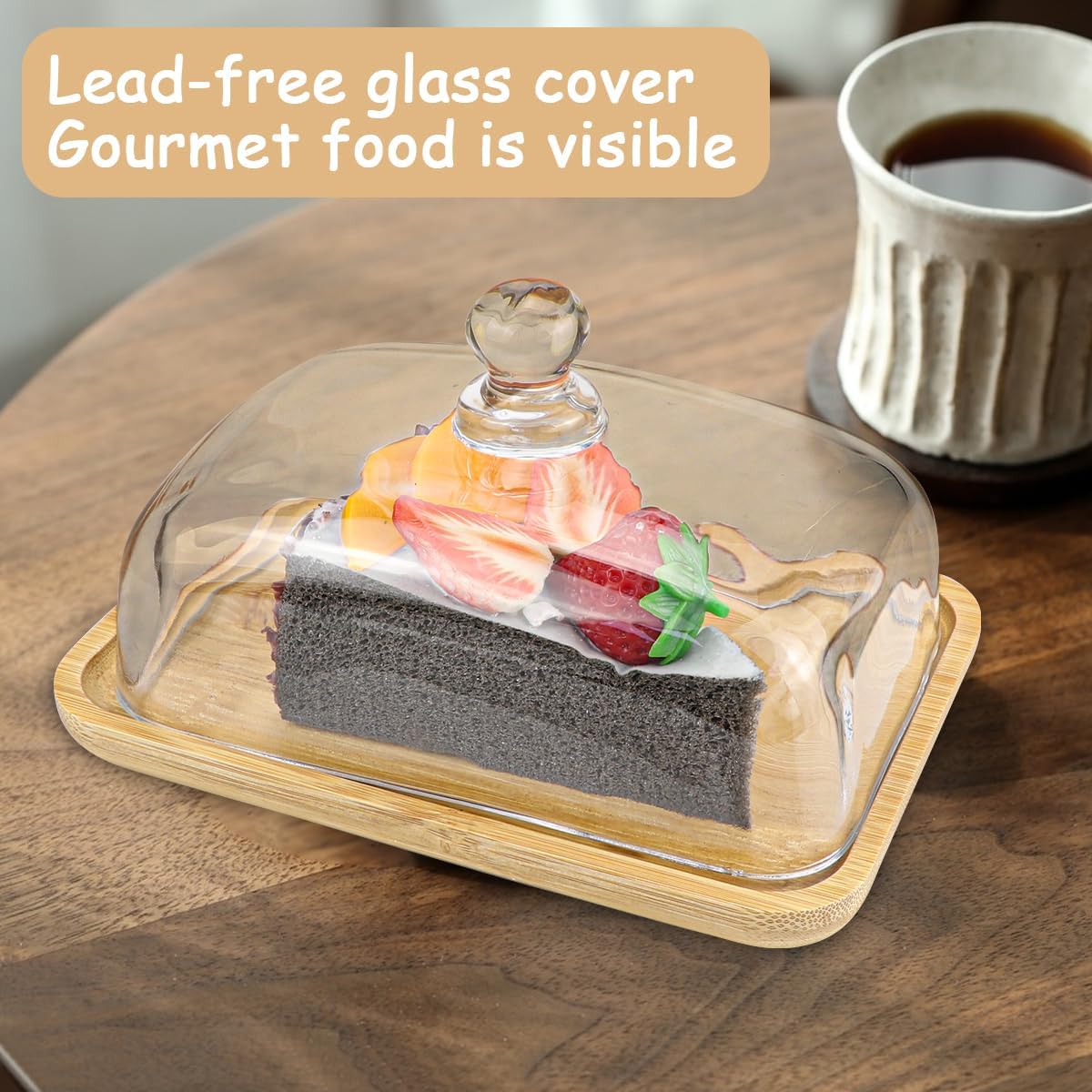 Crystal Clear Glass Butter Dish with Lid Butter Holder Container for Butter, Cream Cheese, and Dessert Cake（Bamboo）