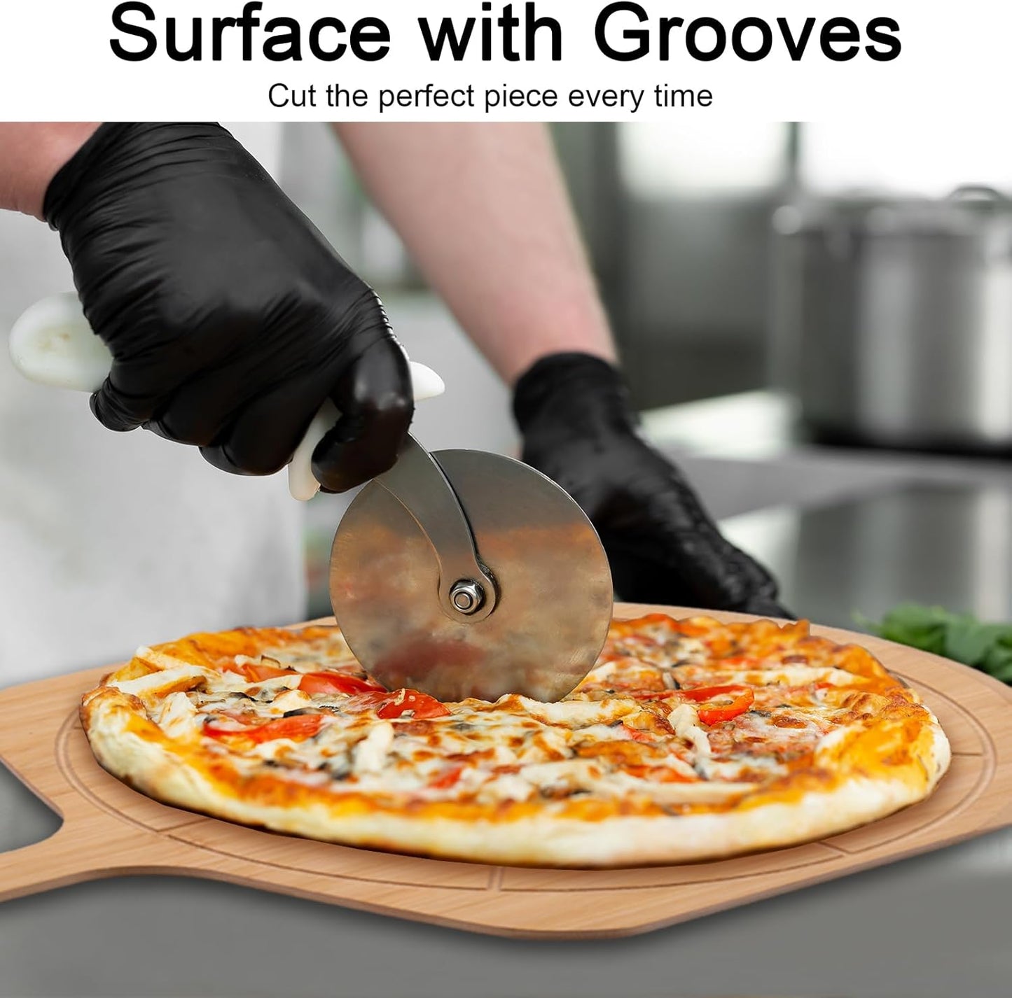 Bamboo Pizza Peel - 18.5"x12.2" with 12" Pizza Cutting Board, Pizza Paddle Spatula with 8 Slice Grooves, also fit for Cheese Bread Fruit Vegetables