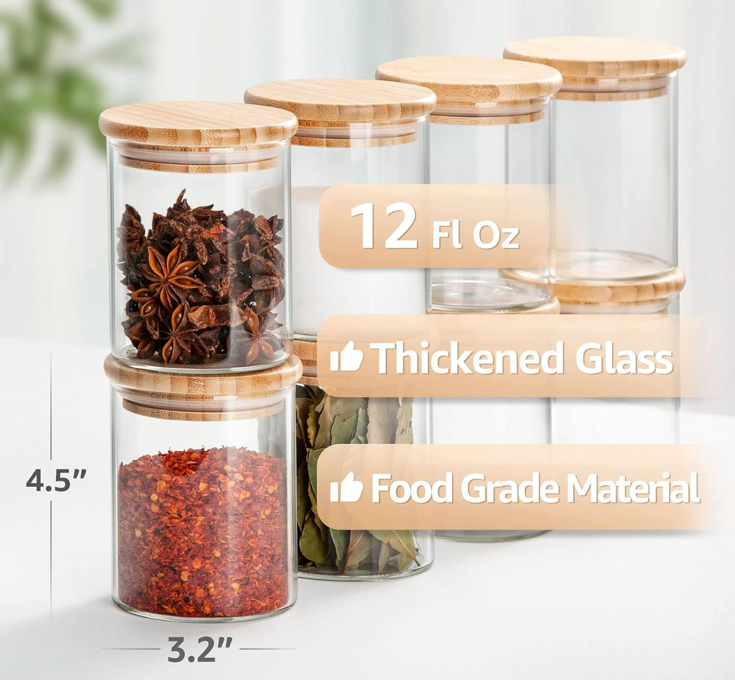 12 FL Oz Glass Jars with Bamboo Lid Set, 8Pack UPGRADE Clear Food Storage Canisters Kitchen Pantry Containers, for Spice Herb Nuts Tea Seed Seasoning Dry Foods Bean Sugar Snack Candy