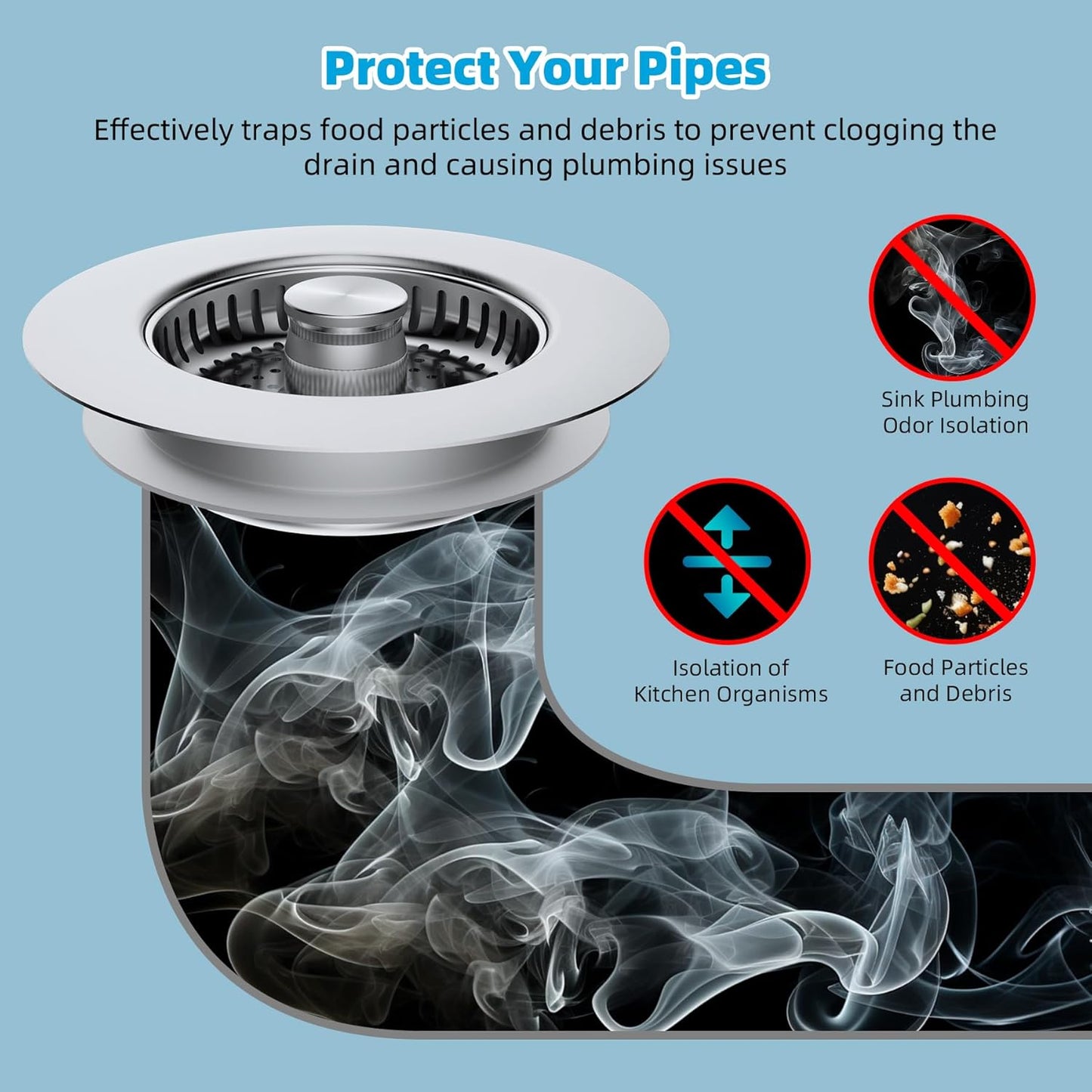 Hibbent All Metal Stainless Steel 3 in 1 Kitchen Sink Drain Strainer, Upgraded Anti-Rust Sink Stop Combo, 3 Anti-Clogging Stainless Steel Baskets with Metal Handle for US Standard 3-1/2" Drain