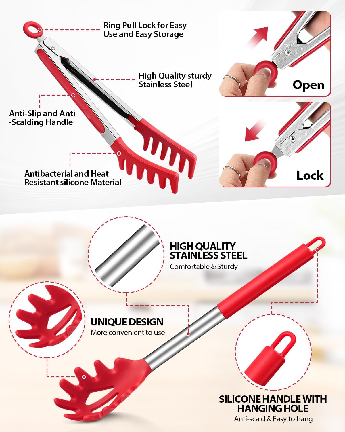 Spaghetti Spoon and Pasta Tong, Non-stick Silicone Spoon Server Fork with teeth and Stainless Steel Handle Spaghetti Tong, Food Clip for Spaghetti Noodle (RED)