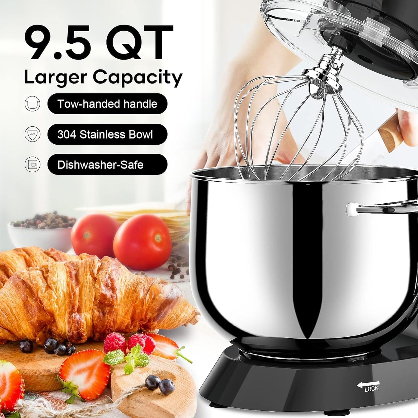 9.5 Qt Stand Mixer, 10-Speed Tilt-Head Food Mixer, Vezzio 660W Kitchen Electric Mixer with Stainless Steel Bowl, Dishwasher-Safe Attachments for Most Home Cooks(Black)