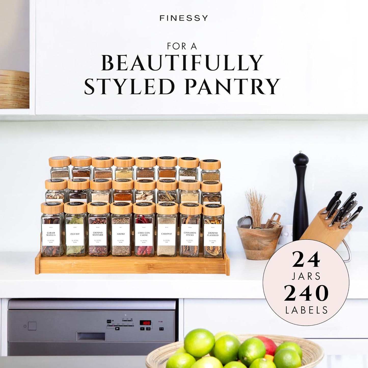 FINESSY Bamboo Glass Spice Jars with Labels and Shaker Lids Clear Empty 4oz 24 Pack Bottles Set, Glass Spice Containers with Labels, Seasoning Organizer Jars