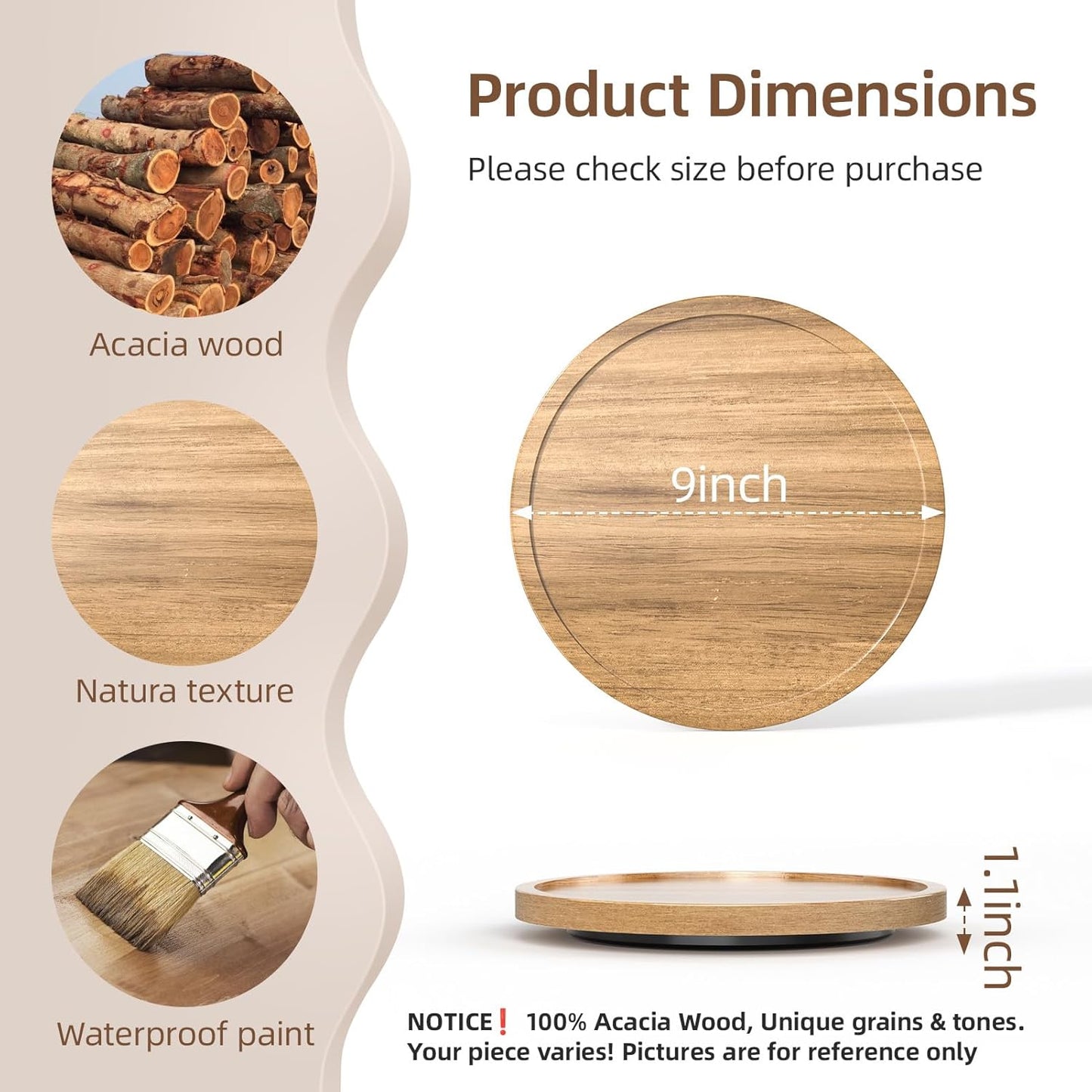 LAMU 9'' Acacia Wood Lazy Susan Organizer for Table Top, Lazy Susan Turntable for Cabinet, Kitchen, Countertop, Pantry Organization