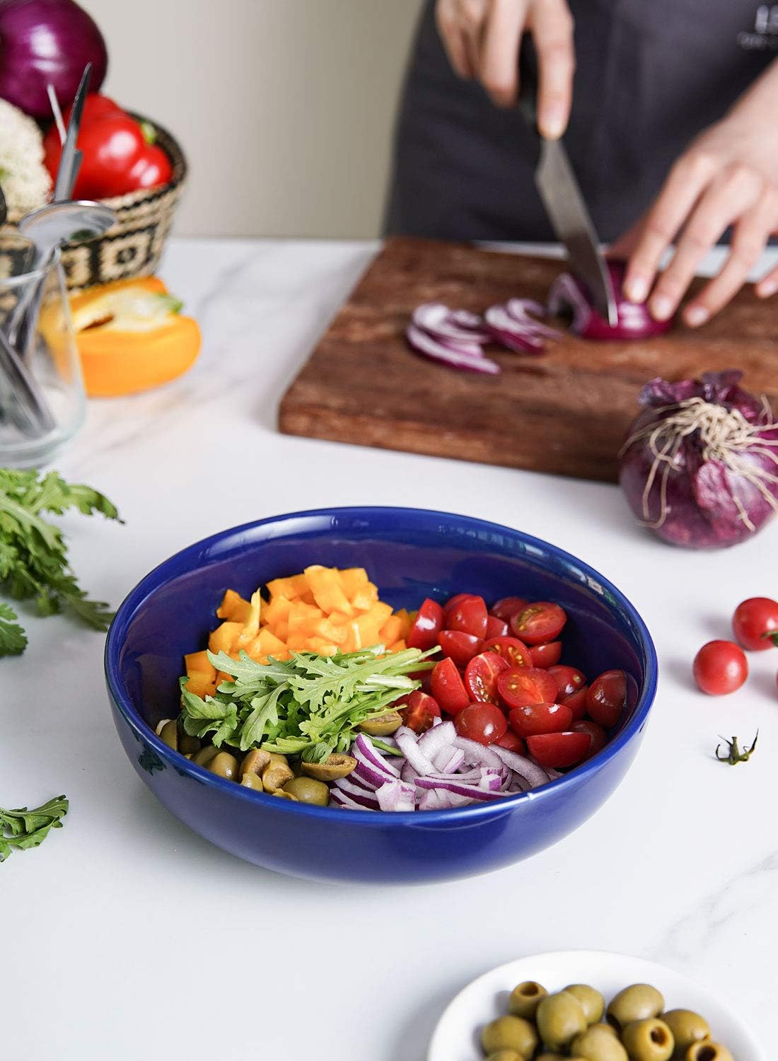 LE TAUCI Pasta Bowls 45 oz, Salad Bowls Set for Serving Soup, Pasta, Noodle, Dinner, Large Kitchen Bowl Plates, Microwave Safe - 8.5 Inch, Set of 4, Blue