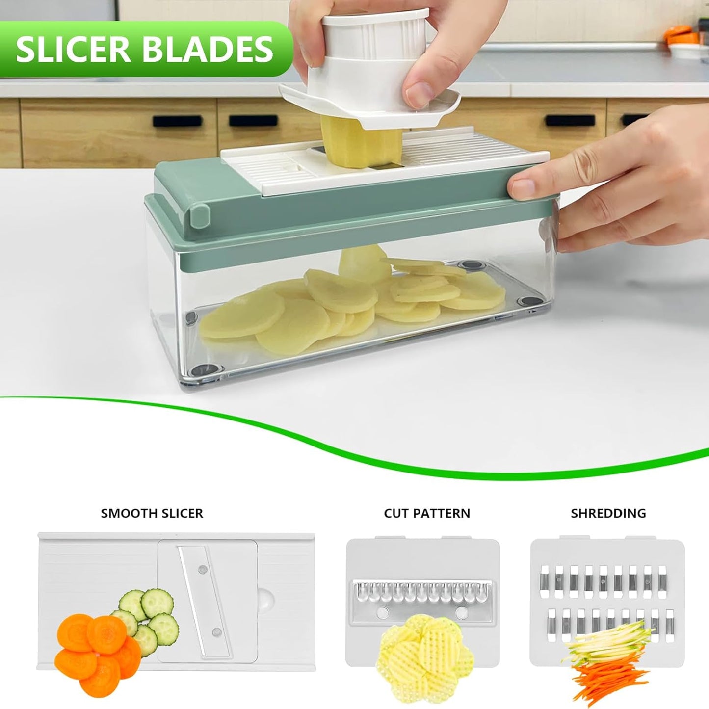 Vegetable Chopper, Onion Chopper Dicer, Mandoline Slicer, Food Chopper with Container, Vegetable Cutter for Salad Potato Carrot Garlic（10 Blades, Blue White）