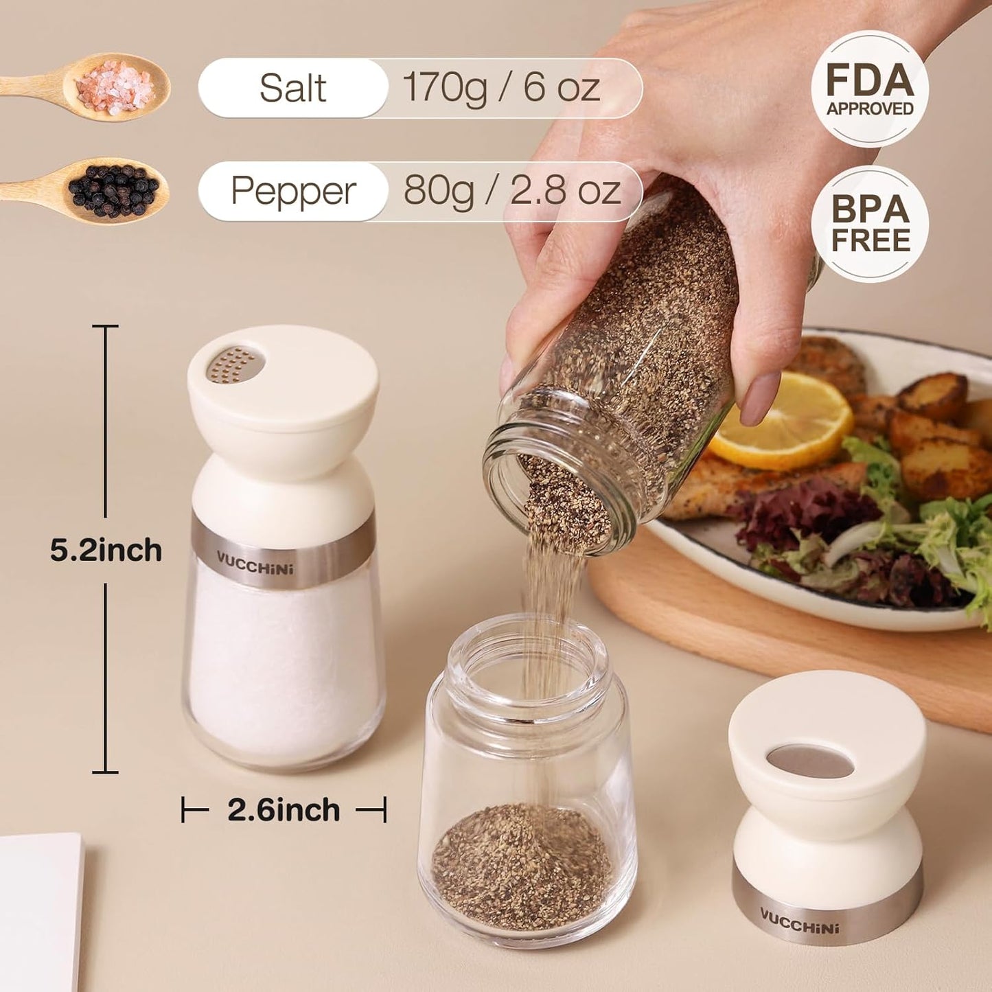 Vucchini Salt and Pepper Shaker Set 3 Adjustable Pour Holes, Dishwasher Safe, 5oz Large Capacity Spice Shaker for Kitchen & Camping (Cream)