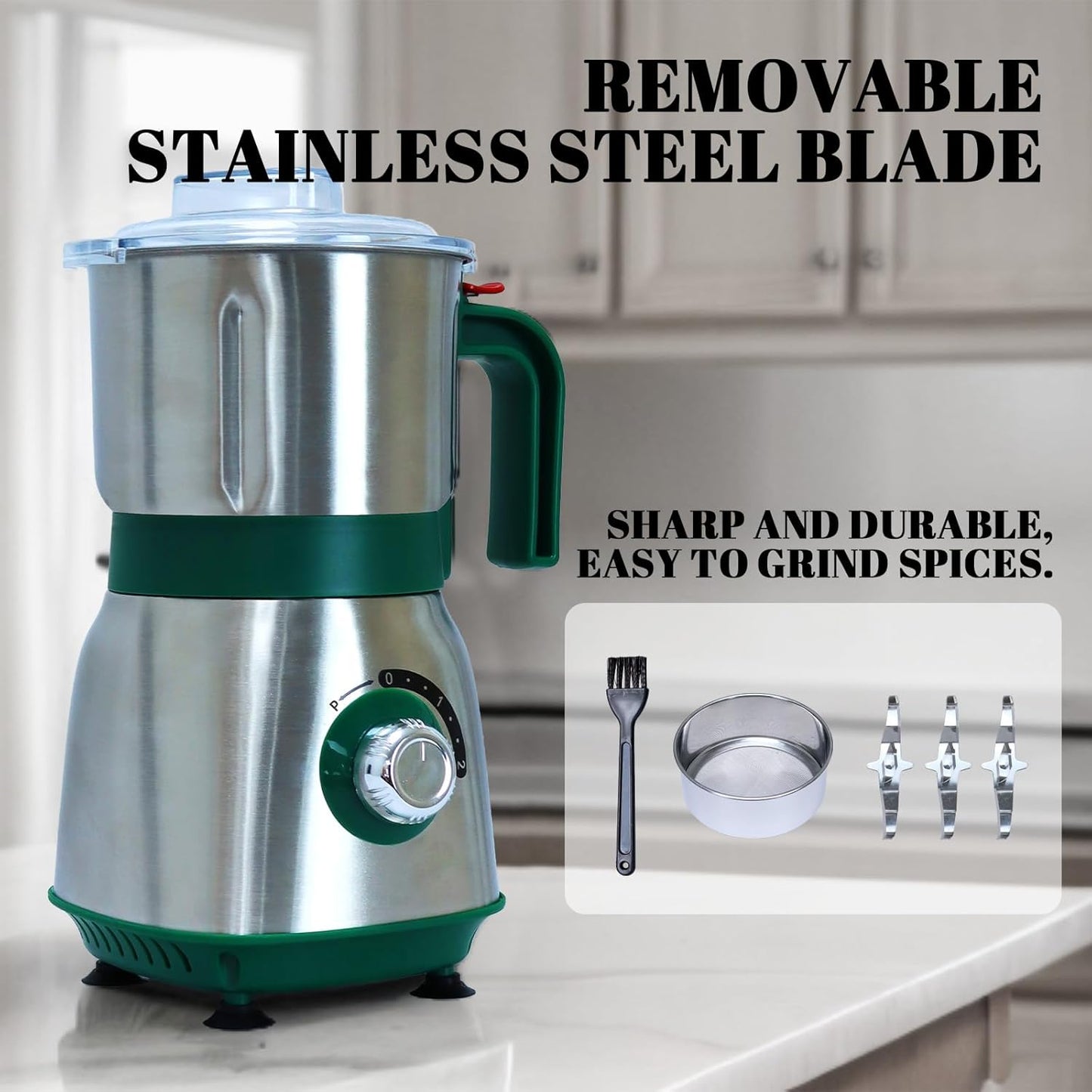 Versatile Kitchen Grinder | 500W Electric Mill | Grinds Spices, Nuts, Grains, Coffee | 3 Stainless Steel Blades | Dry Use (Green)