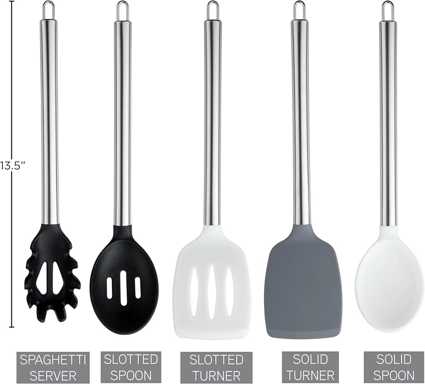 COOK WITH COLOR Silicone Cooking Utensils, Kitchen Utensil Set, Easy to Clean Silicone Kitchen Utensils, Cooking Utensils for Nonstick Cookware, Kitchen Gadgets Set, 5 Pieces, Black/White