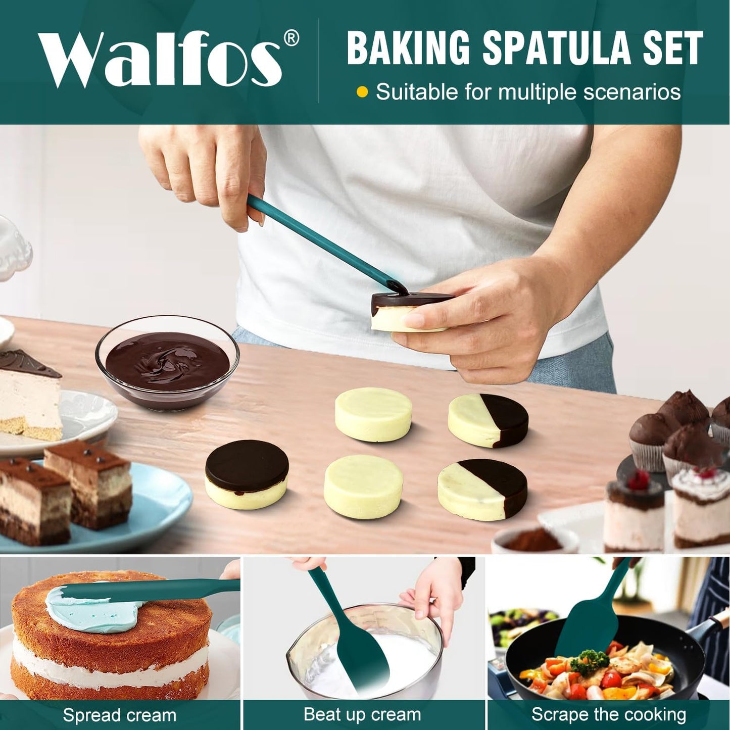 Walfos Silicone Spatula Set of 7 - (600°F) High Heat Resistant Dark Green Kitchen Scraper Spatulas, One-Pieces Seamless Design, Perfect for Cooking Mixing & Baking - BPA Free and Dishwasher Safe