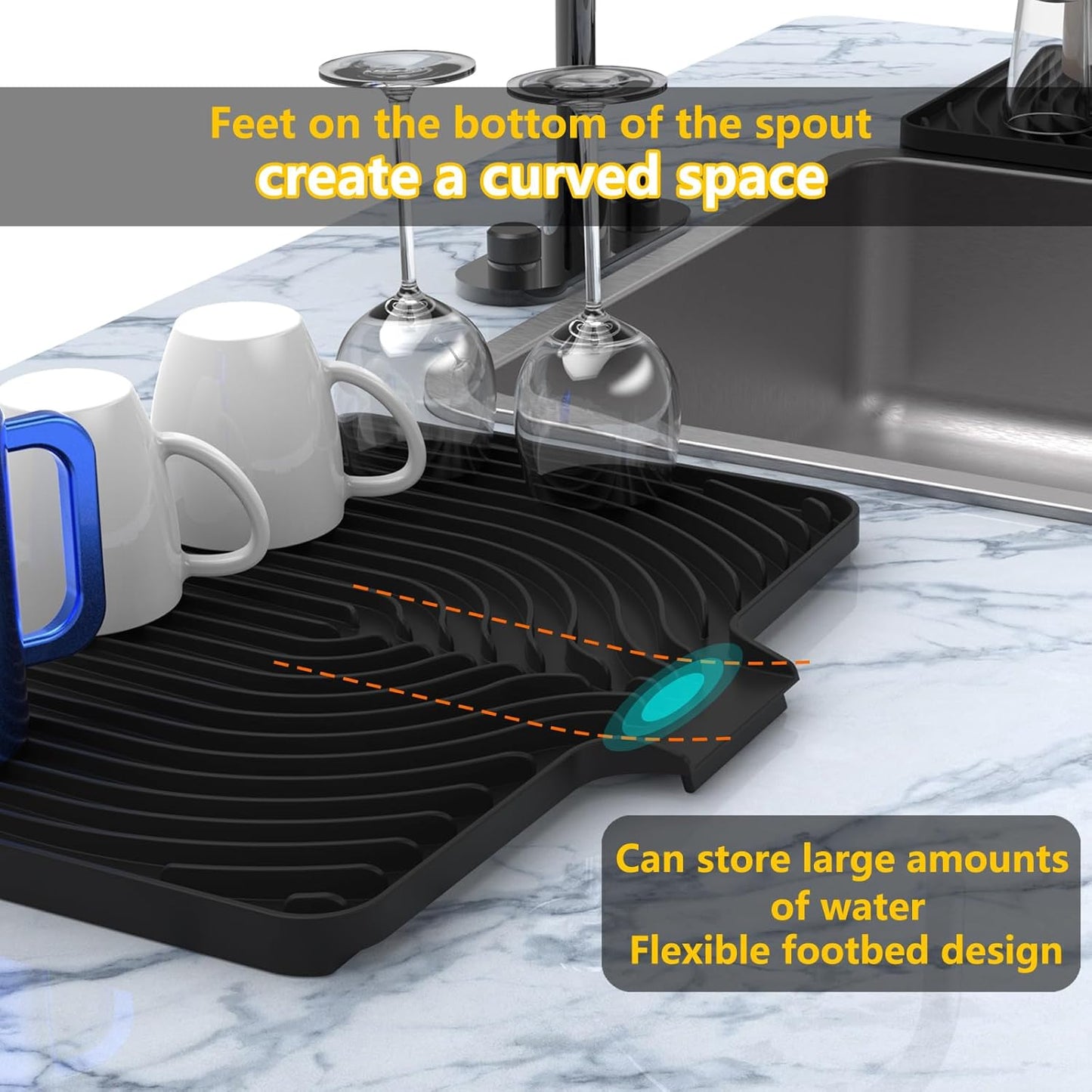 Kitchen Drying Mat,Raised Edge 18"×12"Silicone Dish Drying Mat with Drain Spout for Kitchen Counter, Kitchen Mat for Dishes Drying, (black)