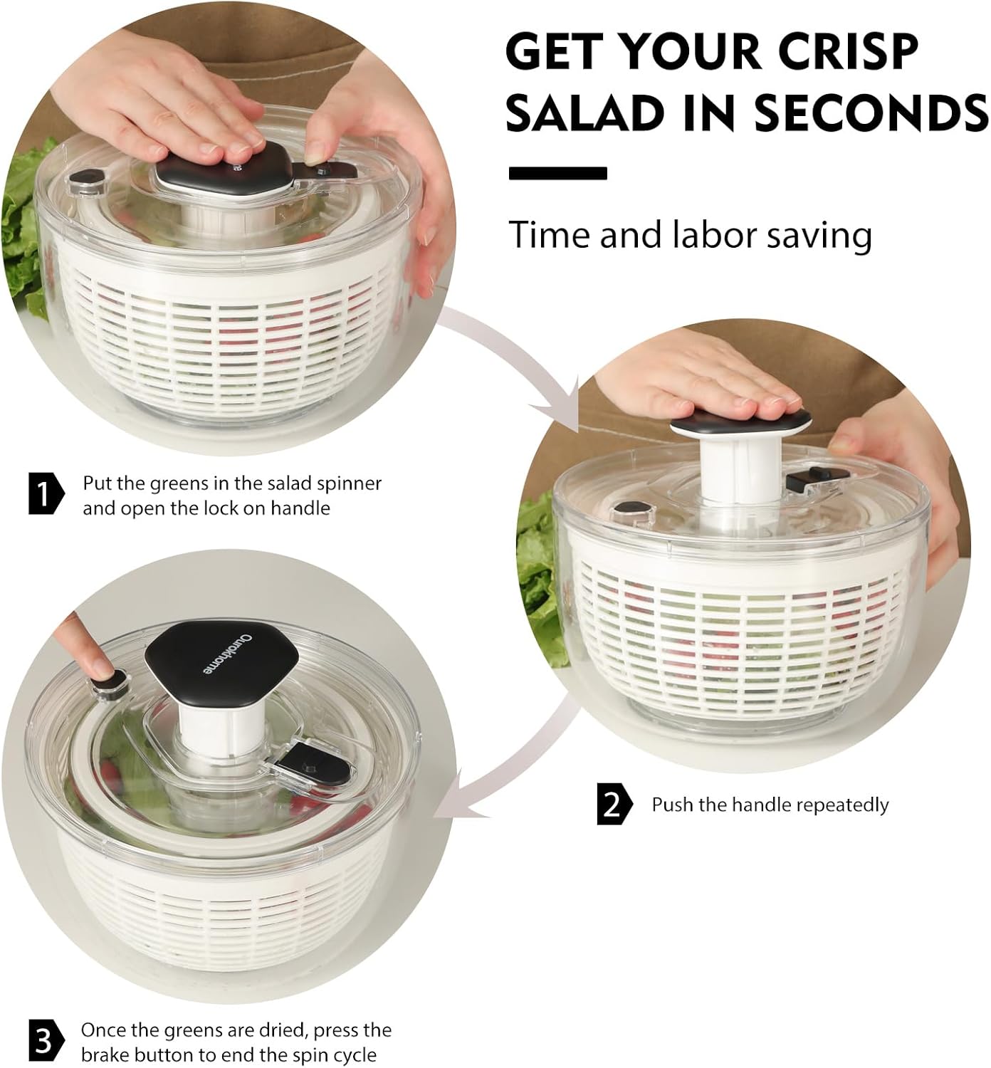 Ourokhome Salad Spinner Lettuce Dryer, One-handed Easy Press Large Vegetable Dryer Salad Mixer with Comfortable and Retractable Pusher and Brake Button for Greens, Herb, Berry, Fruits, 3.8 QT, Black