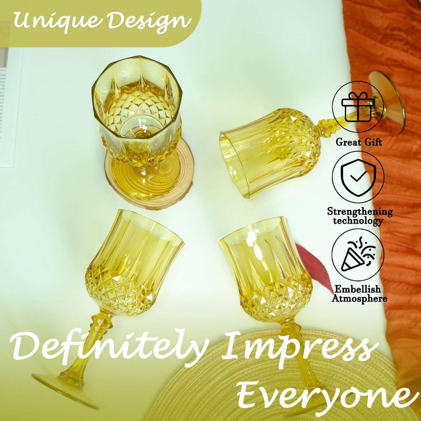 Plastic Wine Glasses，Plastic Goblets Vintage Style Cordial Drinking Glasses for Wedding Reception, Grand Event Party Supplies (24, Gold)