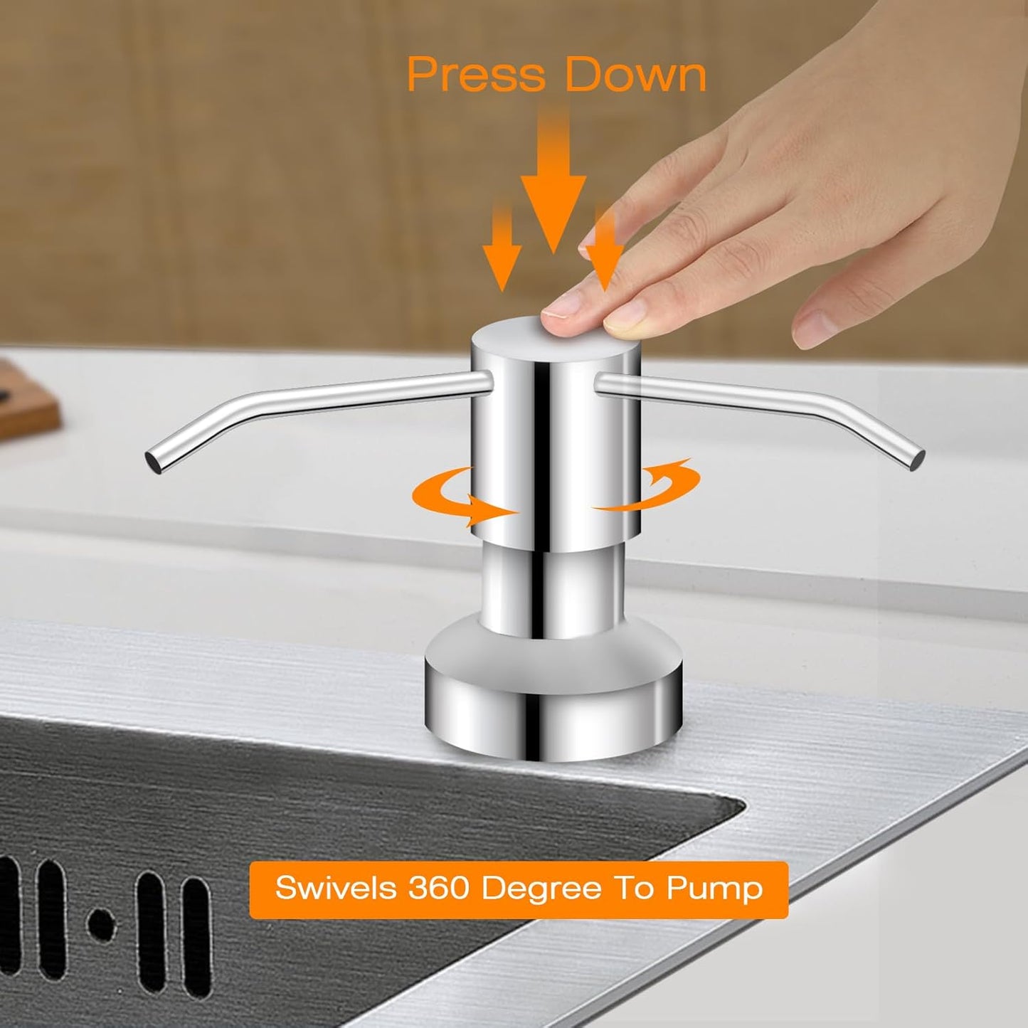 Sink Soap Dispenser for Kitchen Sink, Countertop Built in Sink Soap Dispenser with 47” Extension Tube kit, No Need to Fill The Little Bottle Again (Chrome)