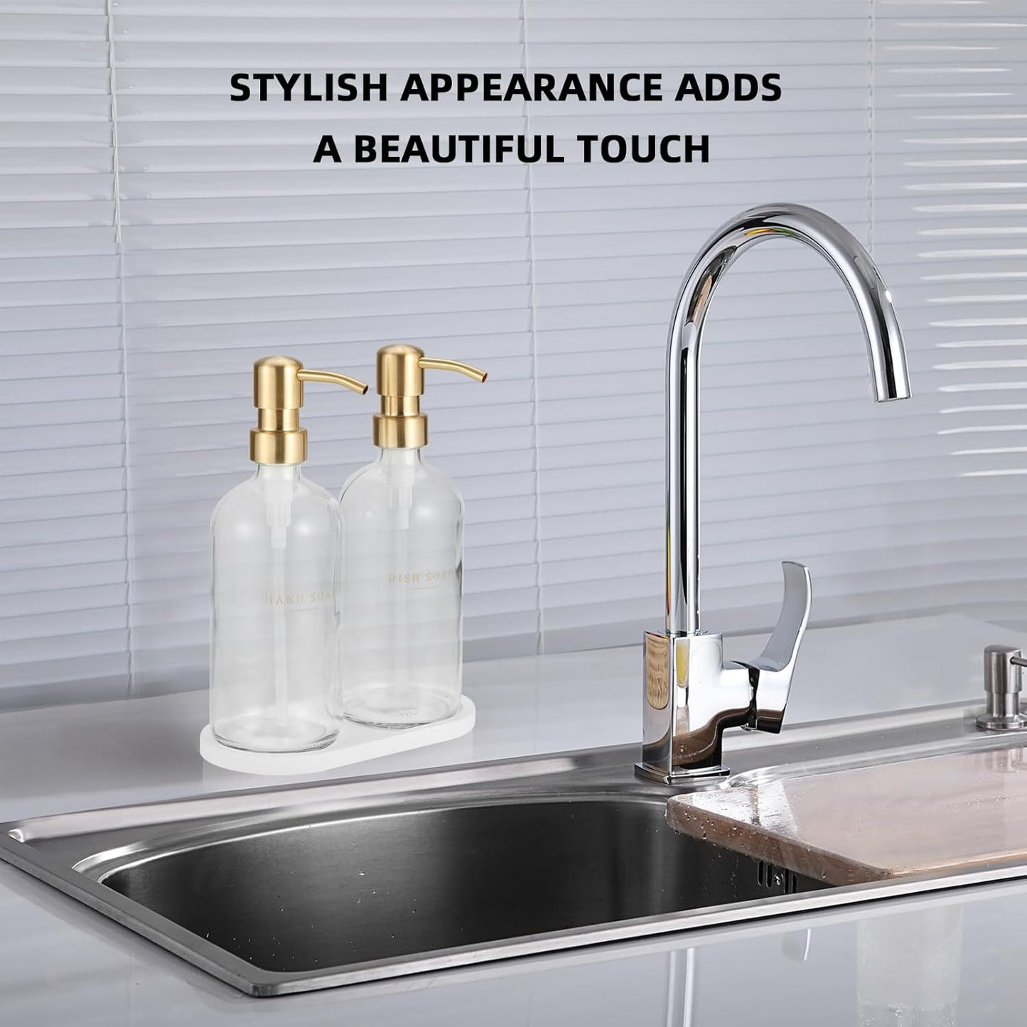 Glass Soap Dispenser - Dish Hand Soap Dispenser Set for Kitchen, Bathroom Soap Lotion Dispenser with 304 Rust Proof Pump, Tray, Clear Bottle/Gold Pump