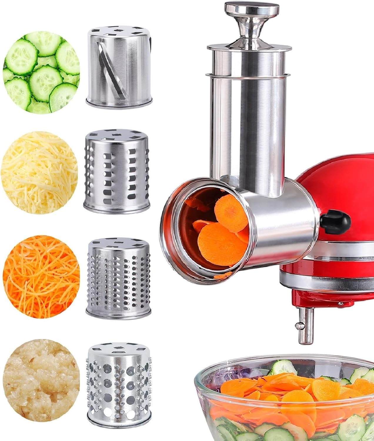 Stainless Steel Salad Maker Attachment for KitchenAid Mixers, Large Slicer Shredder & Cheese Grater Accessories with 4 Blades,Dishwasher Safe