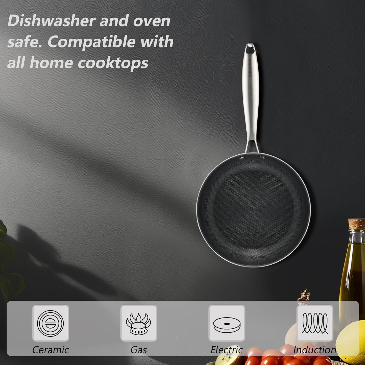 Stainless Steel Nonstick Frying Pan, Hybrid Ceramic 8-Inch Frying Pans, Stay-Cool Handle, PFAS & PFOA PTFE Free, Dishwasher & Oven Safe, Scratch-Resistant, Compatible with Induction & All Cooktops