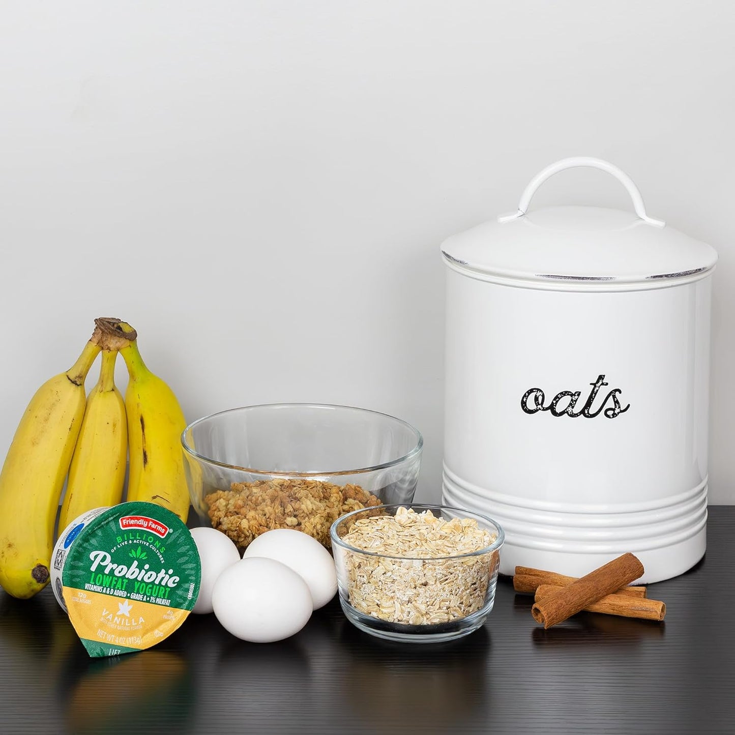 AuldHome Design Farmhouse Enamelware Oatmeal Canister (White); Rustic Distressed Style Oats Storage for Kitchen