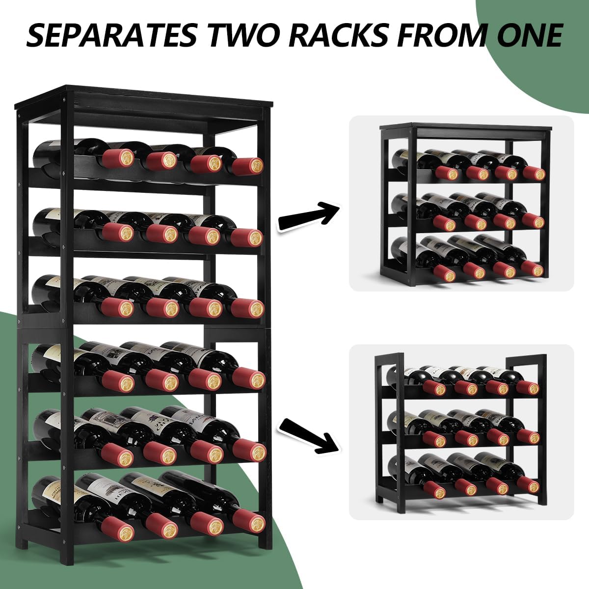 Wine Rack 24-Botttle Freestanding Floor, 6-Tier Wine Rack Shelf with Table Top, Bamboo Display Wine Storage Shelves Kitchen Bar Dining Room Living Room, Black