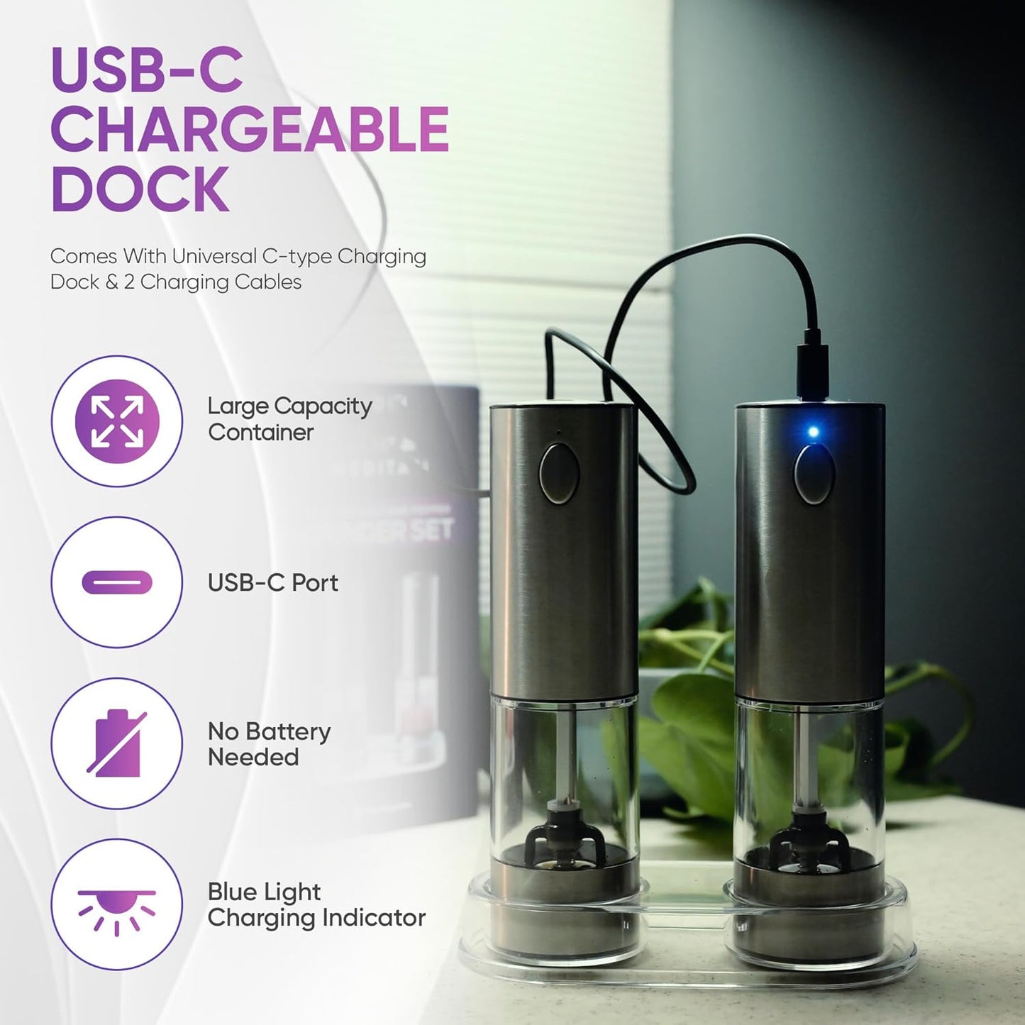 Electric Salt and Pepper Grinder Set-Rechargeable USB Large Capacity Stainless Steel Mills with Ceramic Core, LED Light, Adjustable Coarseness, One-Handed Operation -Set of 2