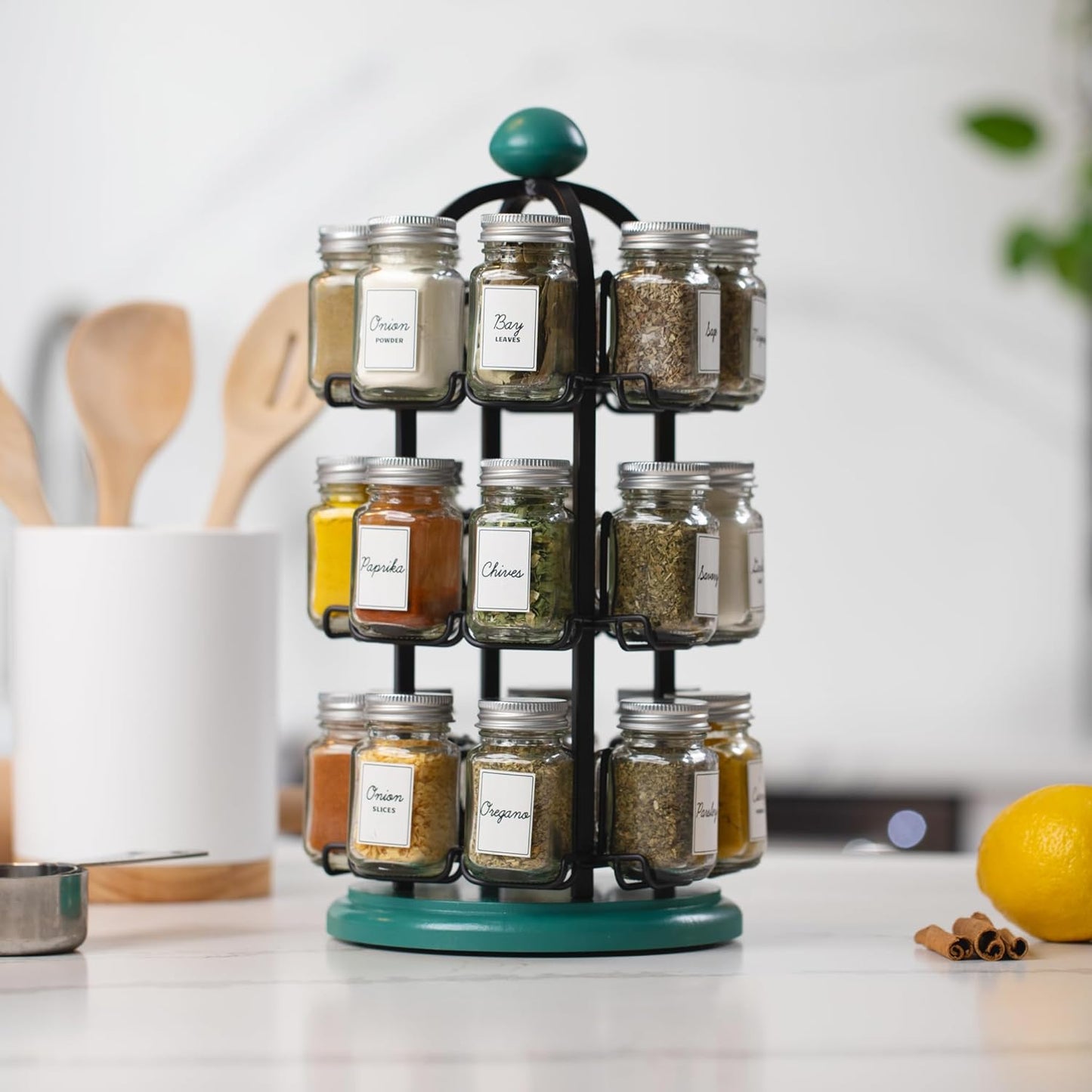 Orii Adrinova 24 Jar Revolving Spice Rack with Spices Included, Spice Organizer for Kitchen Countertop, Black & Green