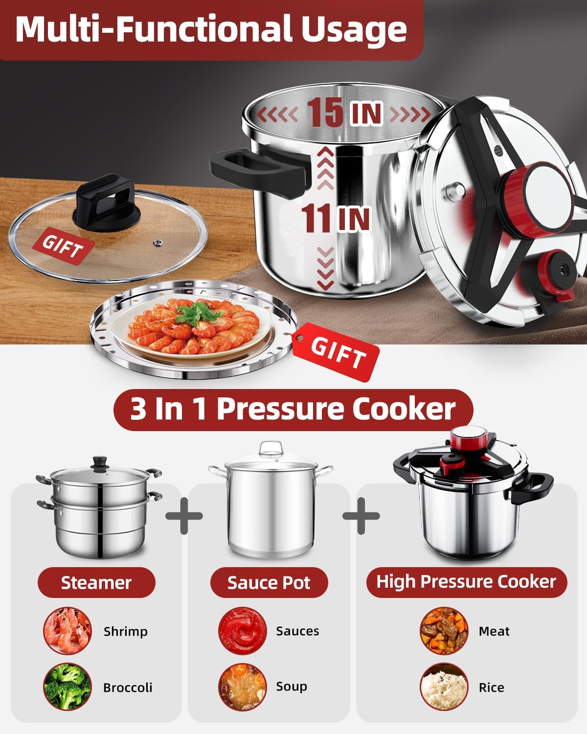 3-In-1 Stainless Steel Pressure Cooker 32 QT: [Save 70% Time] [3 PSI Settings], One-Hand Locking Pressure Canner, Induction Compatible, Glass Lid & Steamer Rack Included, Olla de Presion