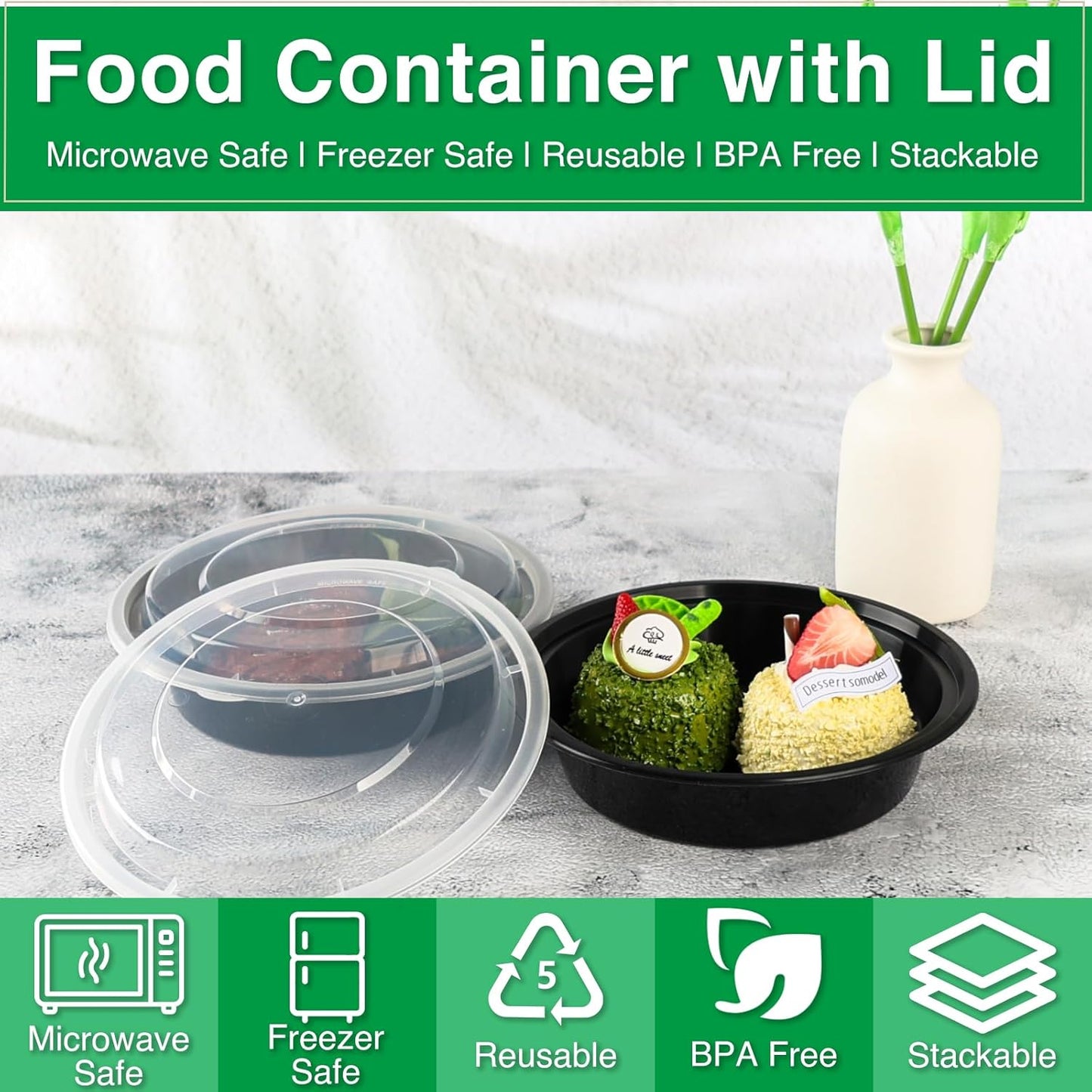 Meal Prep Containers Reusable 50 Pack-23 oz Food Storage Containers with Lids To Go Food Containers Takeout, Microwave Dishwasher Freezer Safe, Stackable, BPA Free, Plastic (Black)