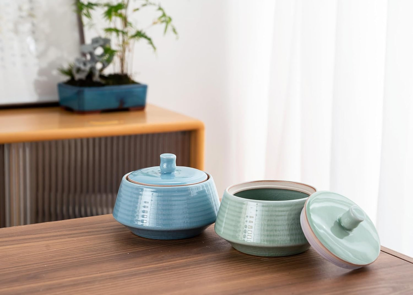 Retro Kitchen Ceramic Canister, 13.53 FL OZ (400 ML) Vintage Food Storage Jar for Tea, Coffee Beans, Herb, Candy, Spices, Nuts (Blue(ICE))