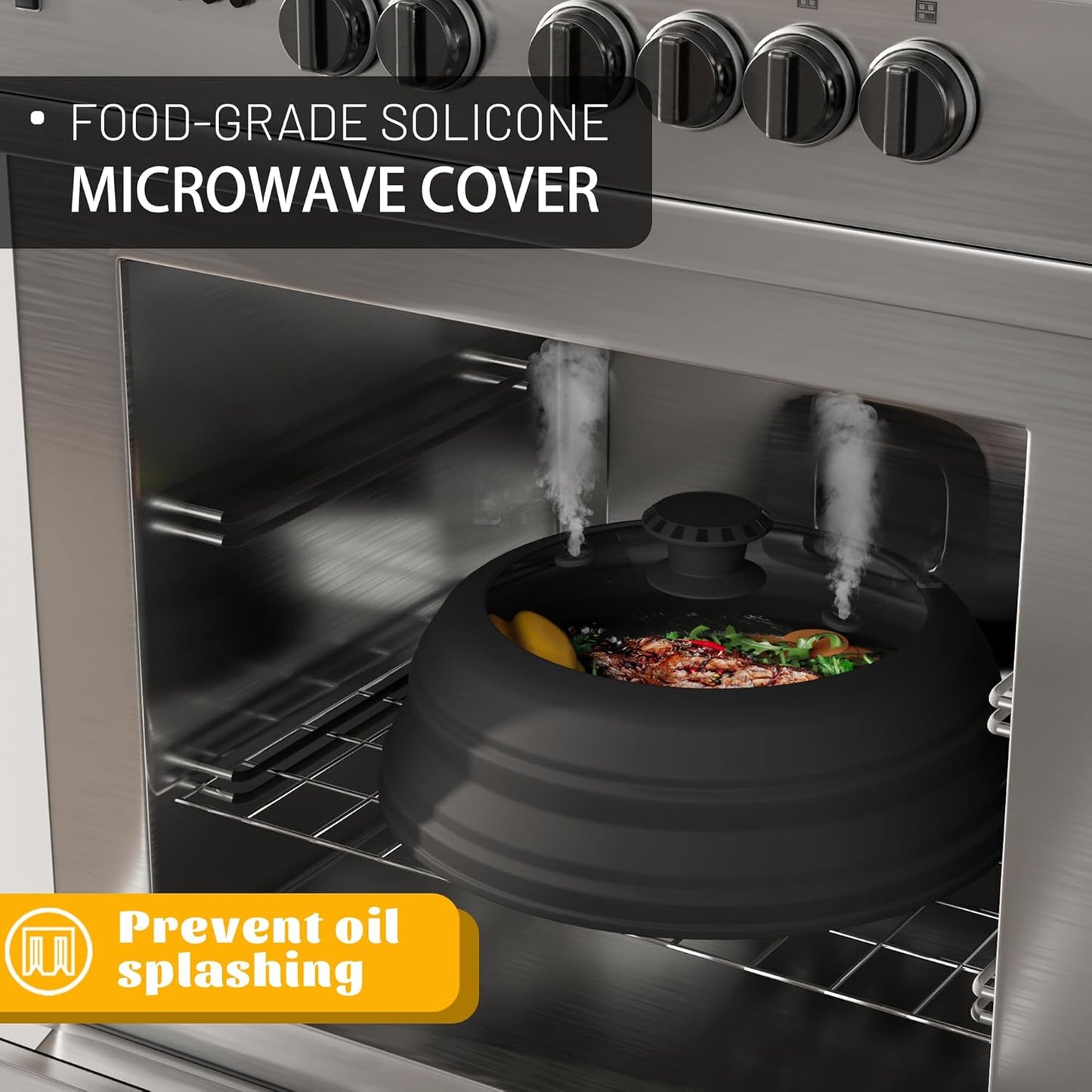 Collapsible Microwave Splatter Cover - Vented Silicone & Glass Lid with Easy-Grip Handle, Fits 6 to 8 Inch Plates & Bowls, 9 Inch Diameter, Prevents Splatters & Ensures Even Heating