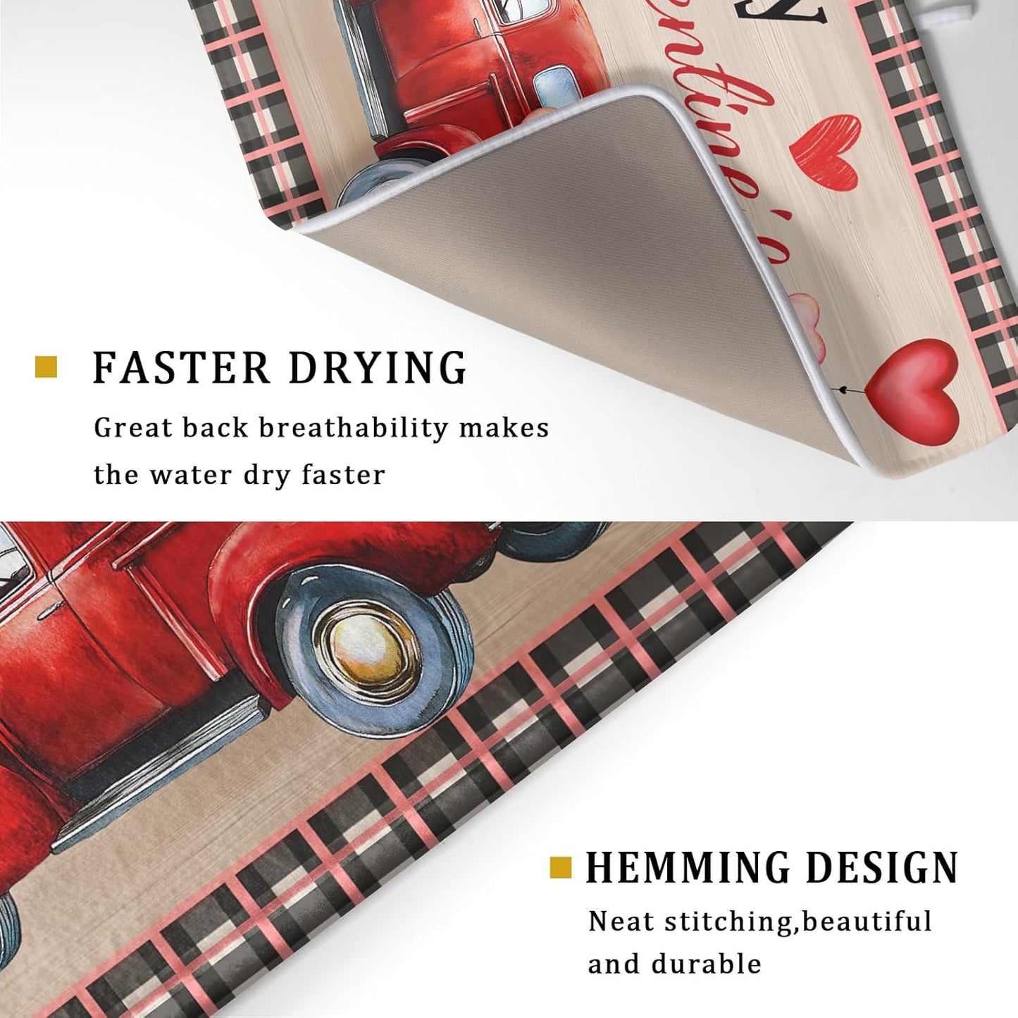 Valentine's Day Truck Dish Drying Mat 18x24 inch Love Heart Washable Absorbent Dishes Pad Dish Drainer Mat for Kitchen Counter Sink Coffee